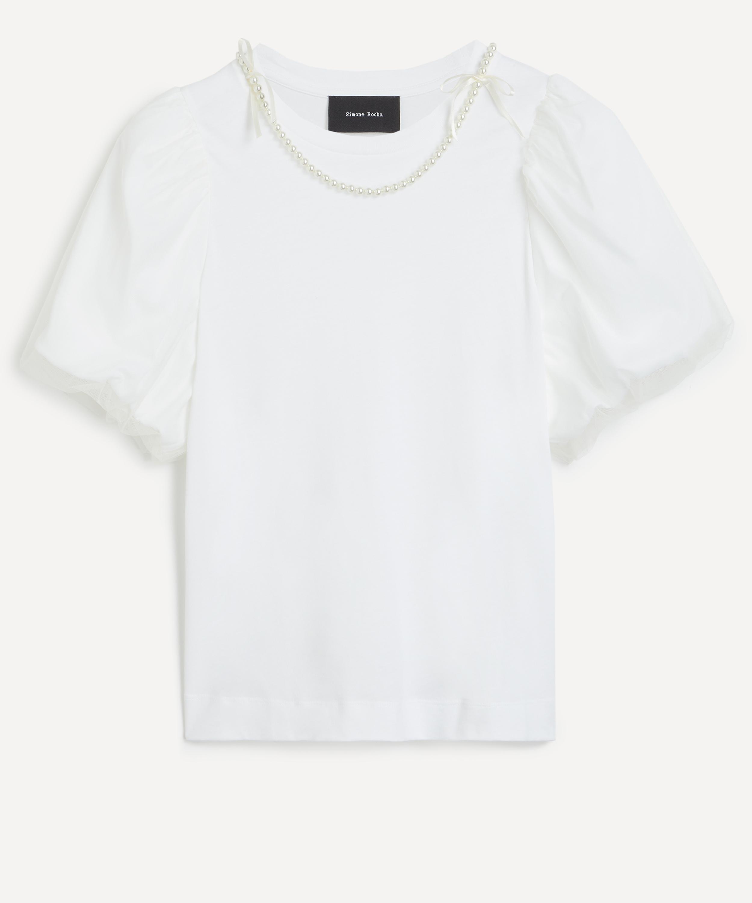 Simone Rocha Tulle Overlay Puff Sleeve T-shirt With Faux Pearl Trim In White