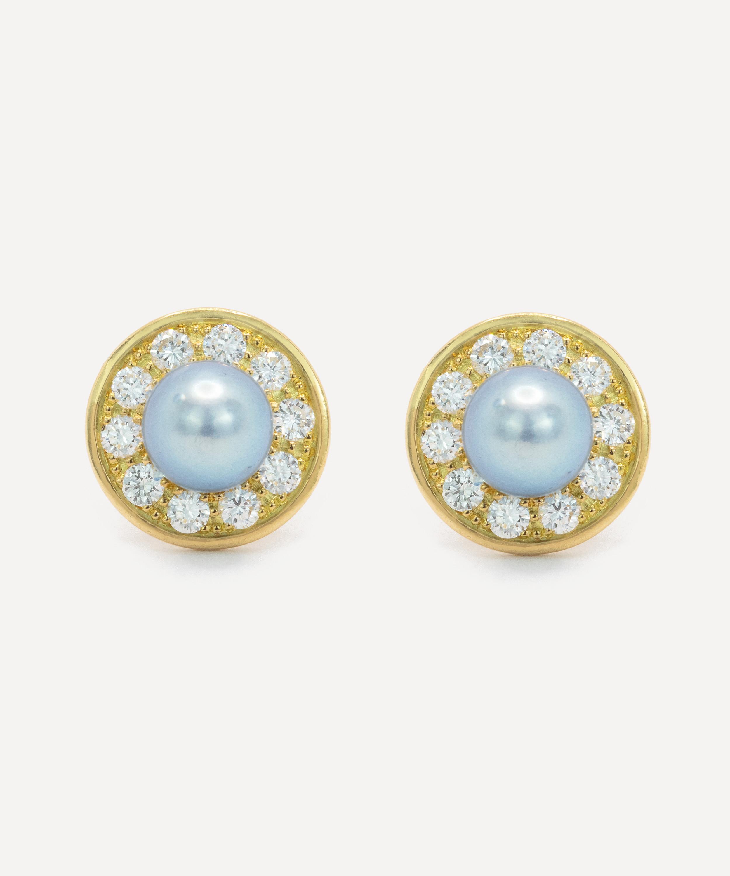 Kojis 18ct Gold Grey Pearl And Diamond Cluster Stud Earrings