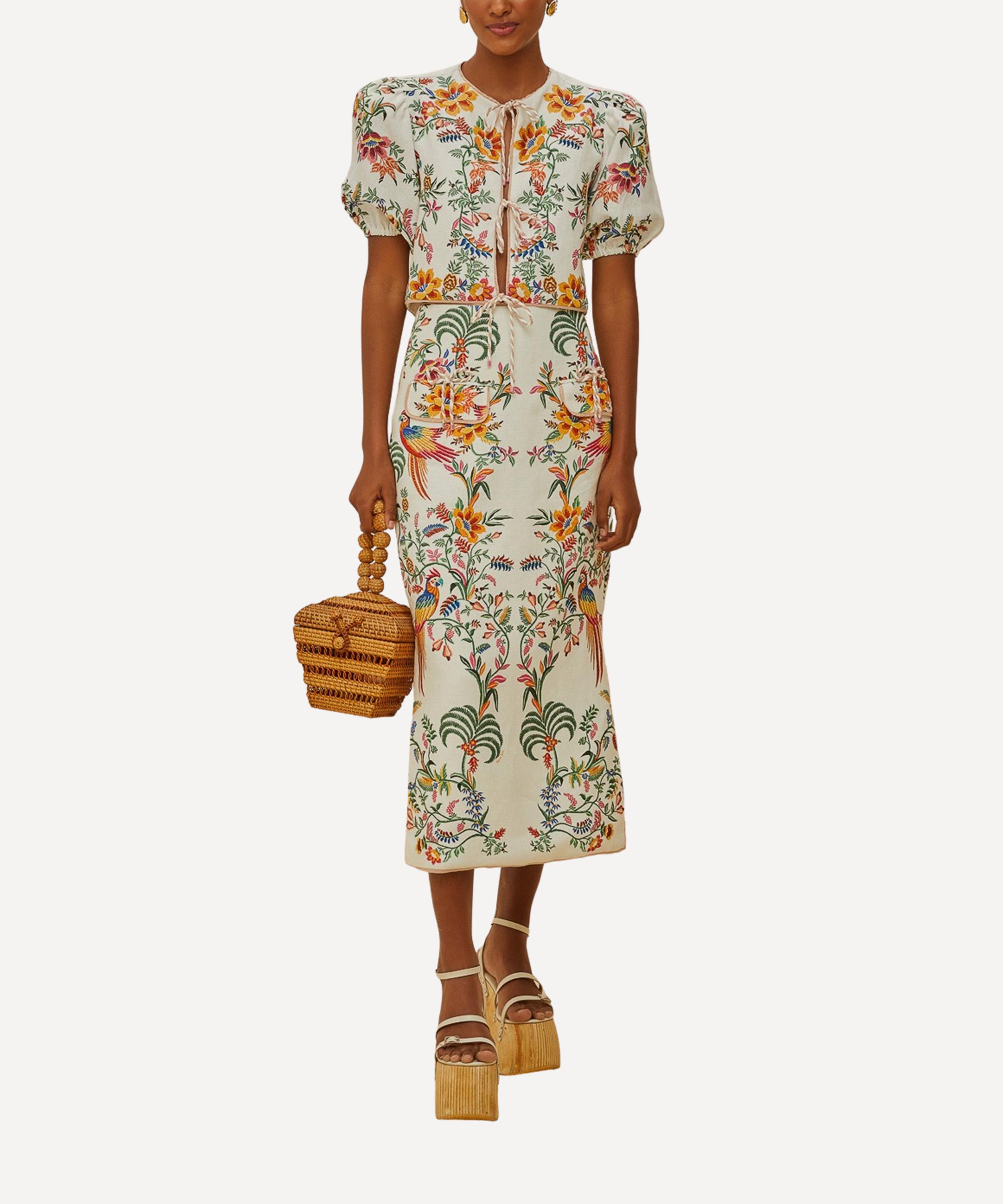 Farm Rio Off-white Delicate Forest Euroflax Premium Linen Midi Skirt In Metallic