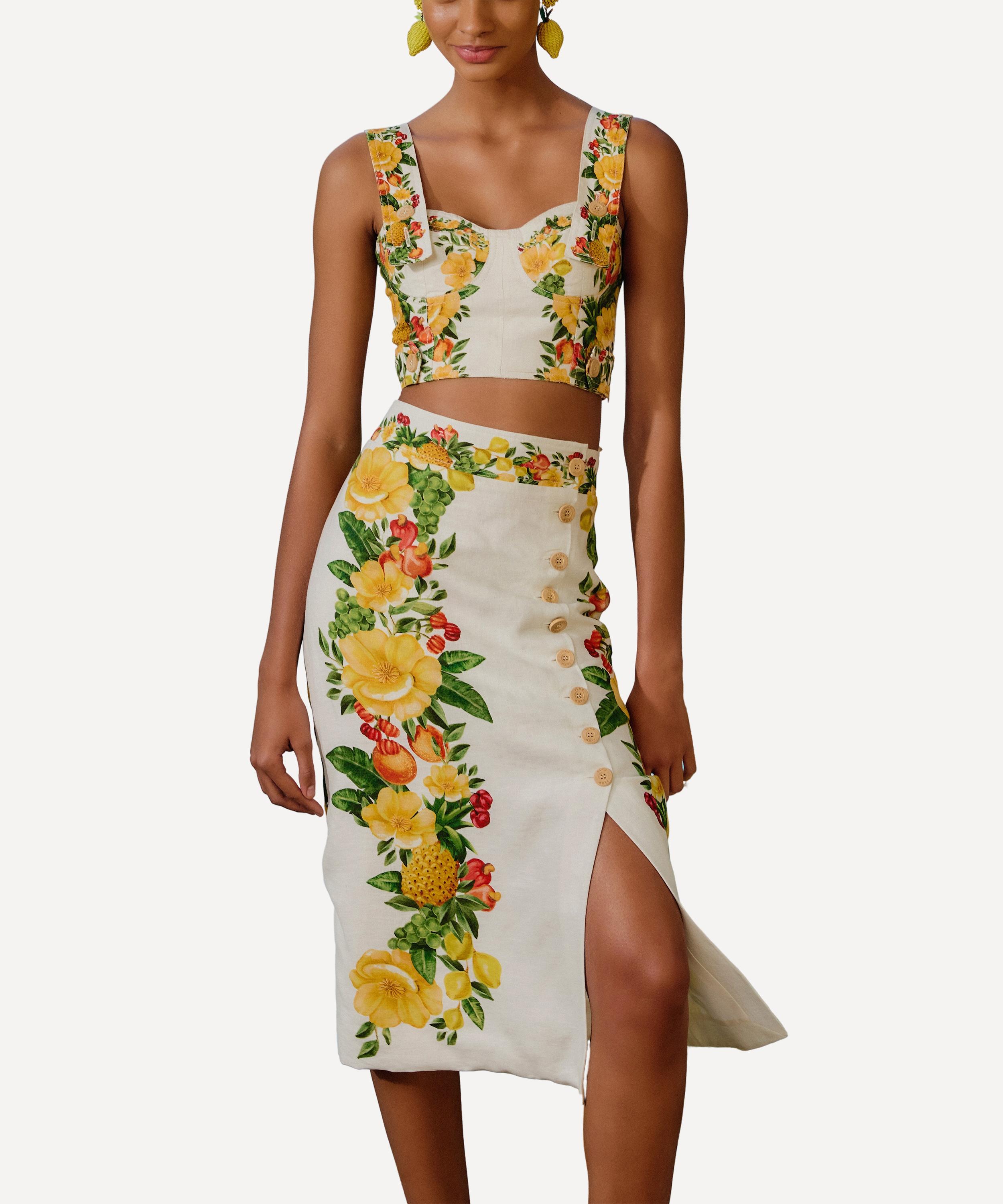 Farm Rio Off-white Picnic Flowers Euroflax Premium Linen Viscose Midi Skirt In Green