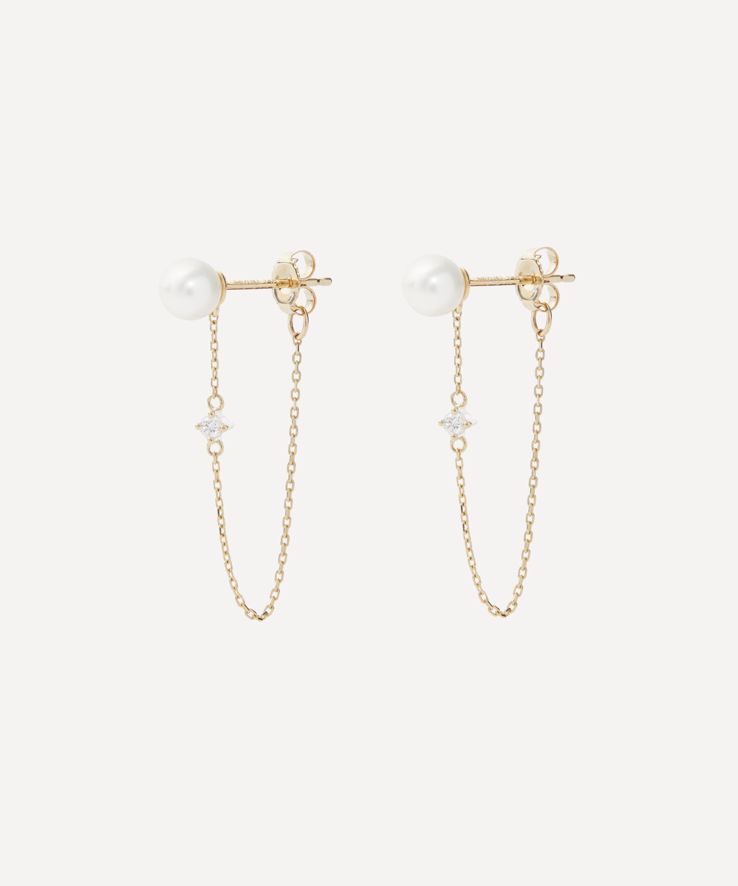 Mizuki 14ct Gold Pearl Diamond Chain Stud Earrings In Gold