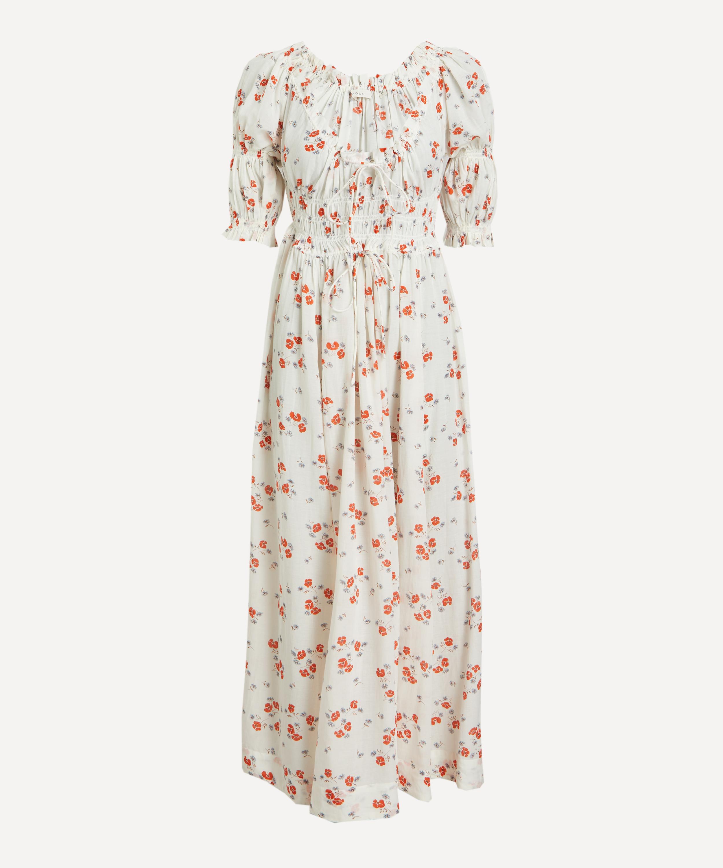 Doen Ischia Shirred Floral-print Organic Cotton-blend Voile Midi Dress In White