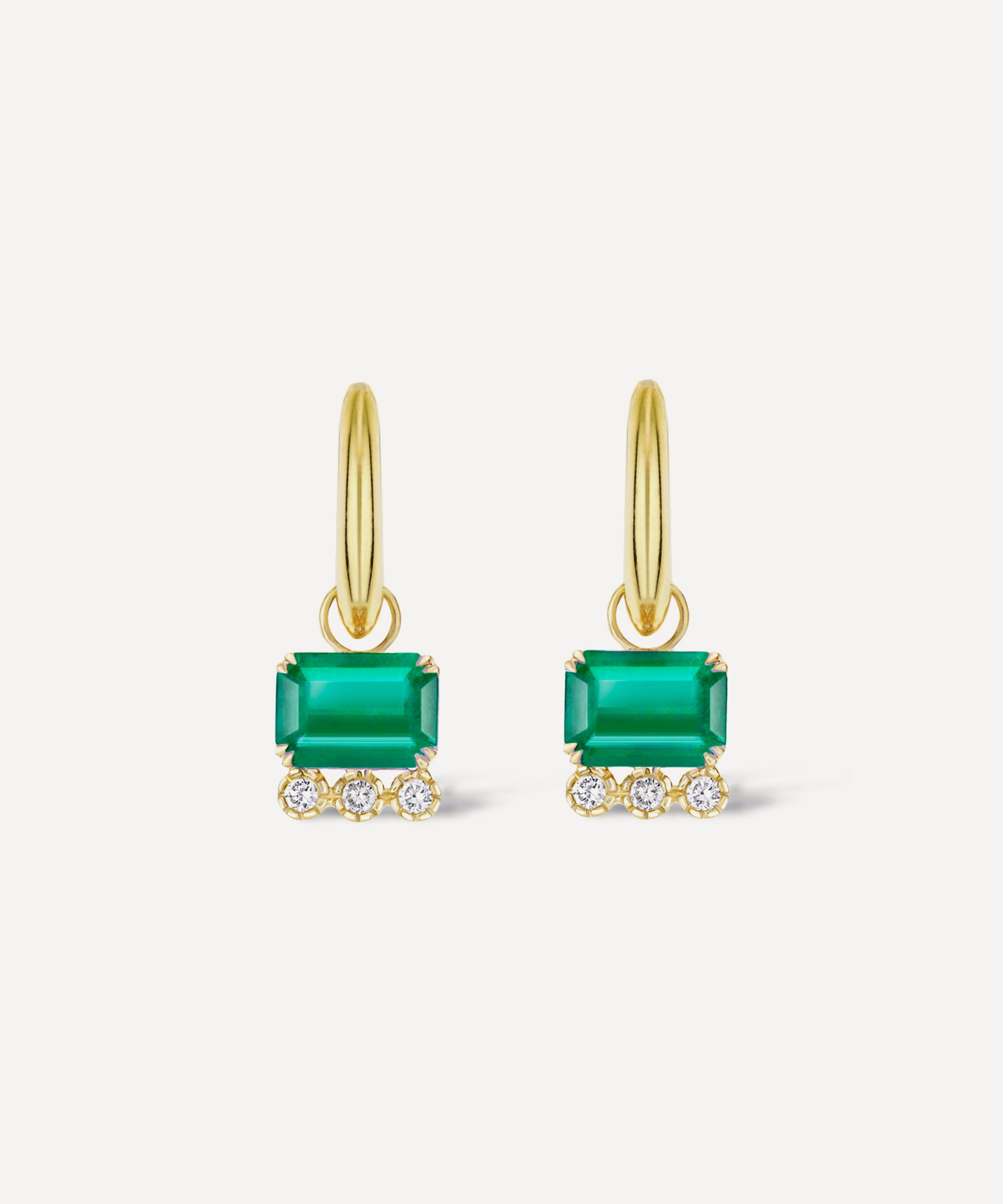 Dinny Hall 14ct Gold Wildflower Betony Emerald and Diamond Drop Hoop Earrings