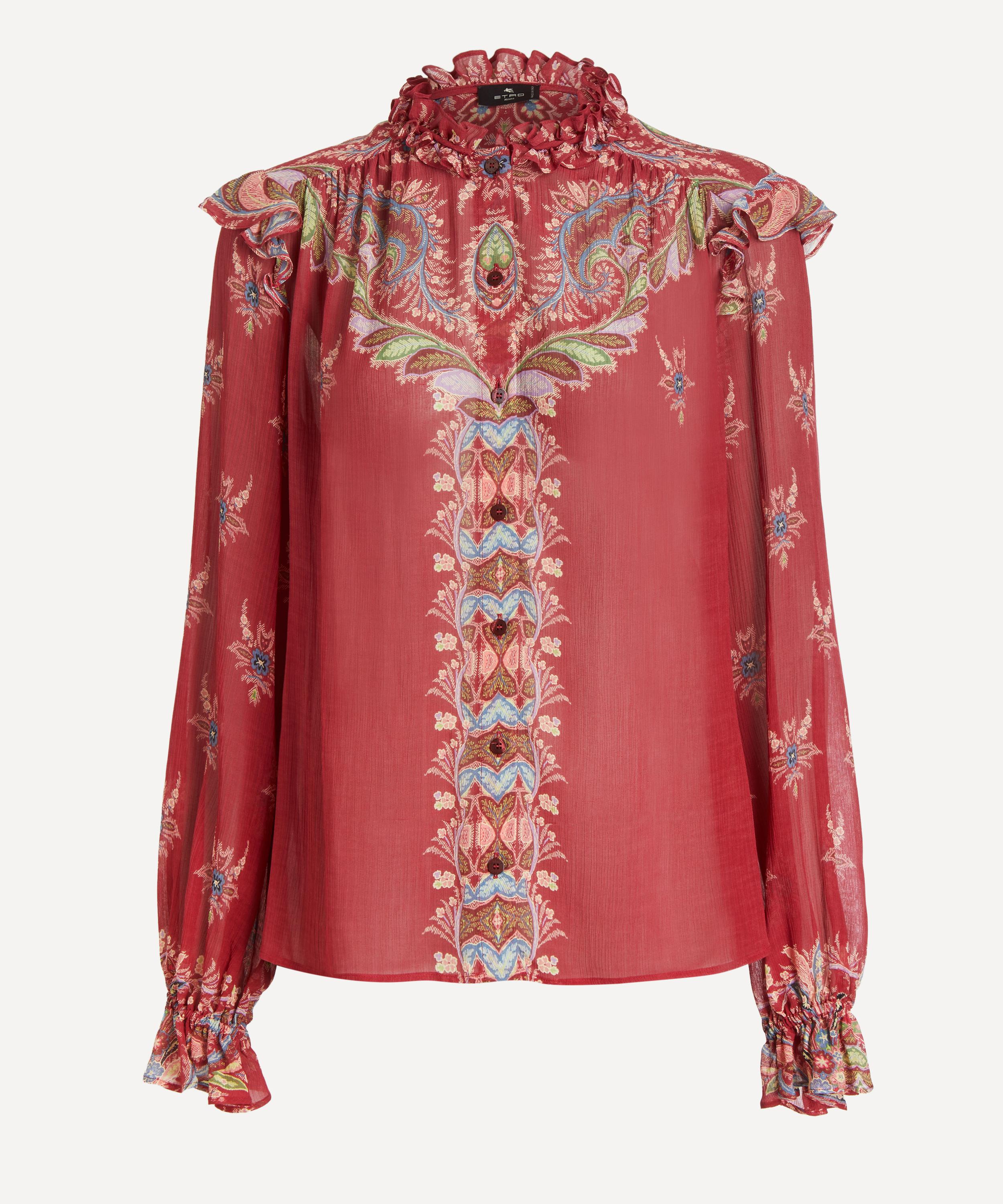 Etro Women's Crepon Placed-print Blouse In Burgundy