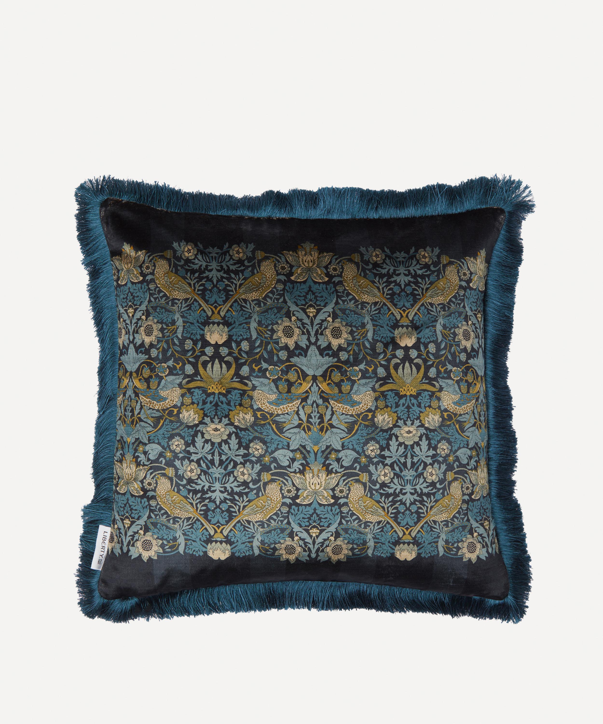 Liberty Strawberry Thief Velvet Cushion In Blue