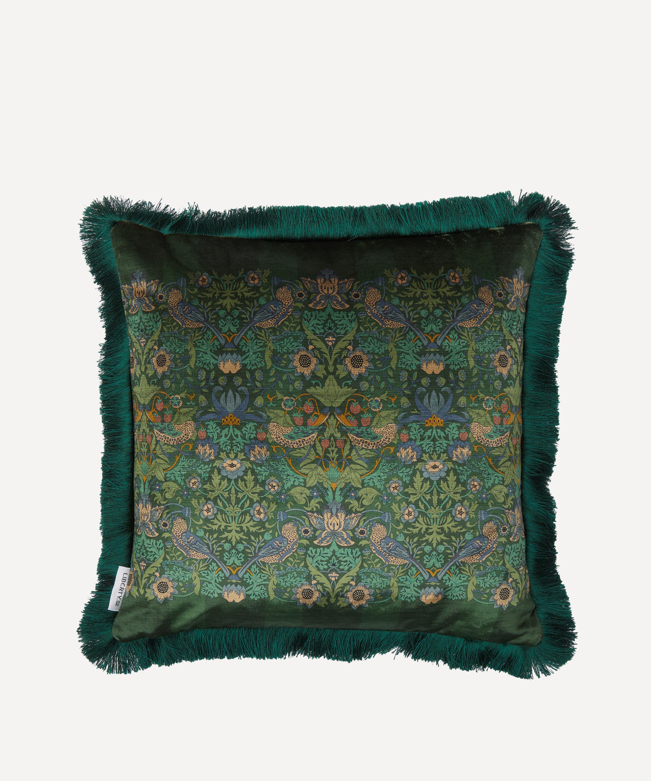 Liberty Strawberry Thief Velvet Cushion In Green