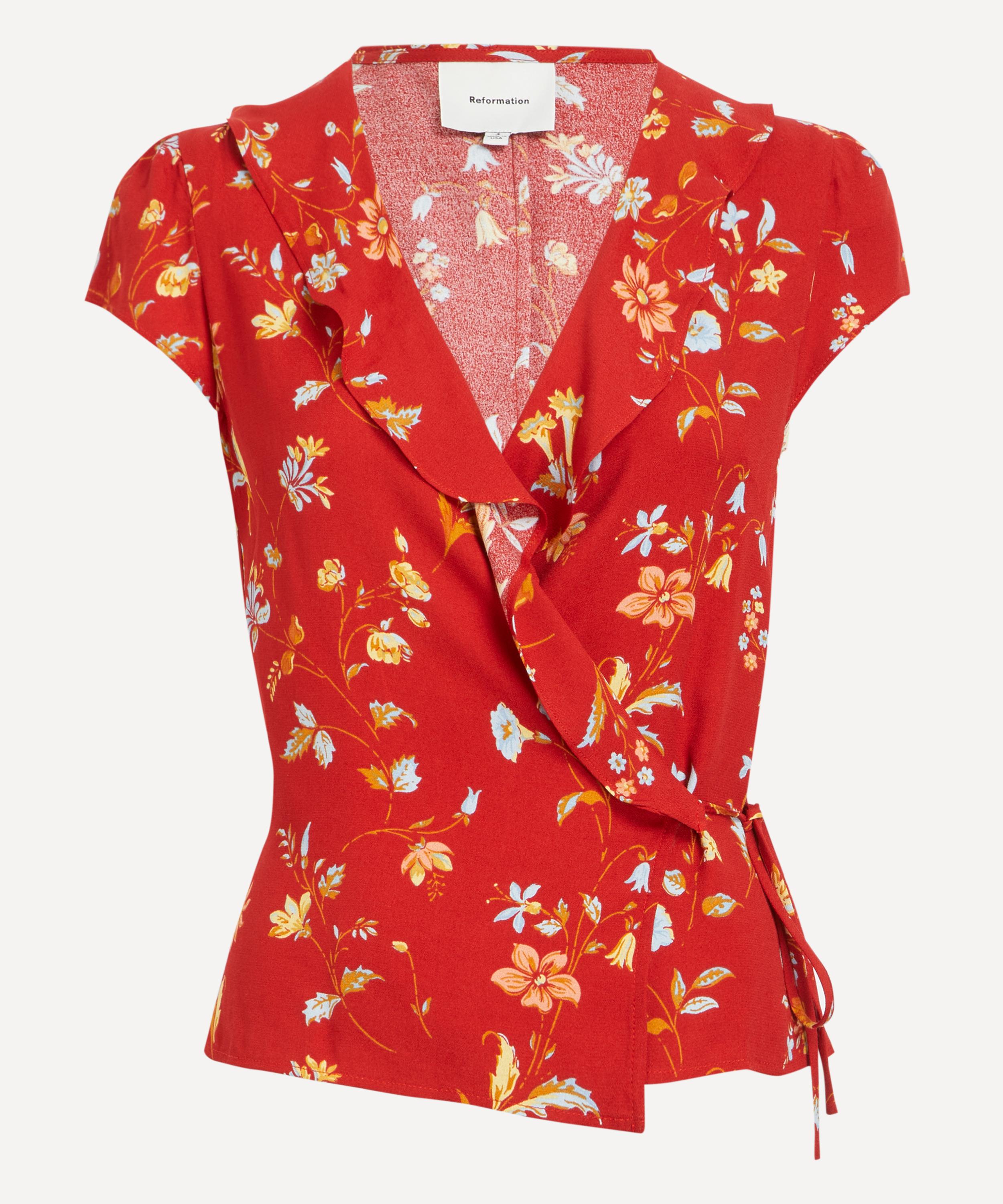 Reformation Clemence Floral-print Crepe Wrap Top In Red