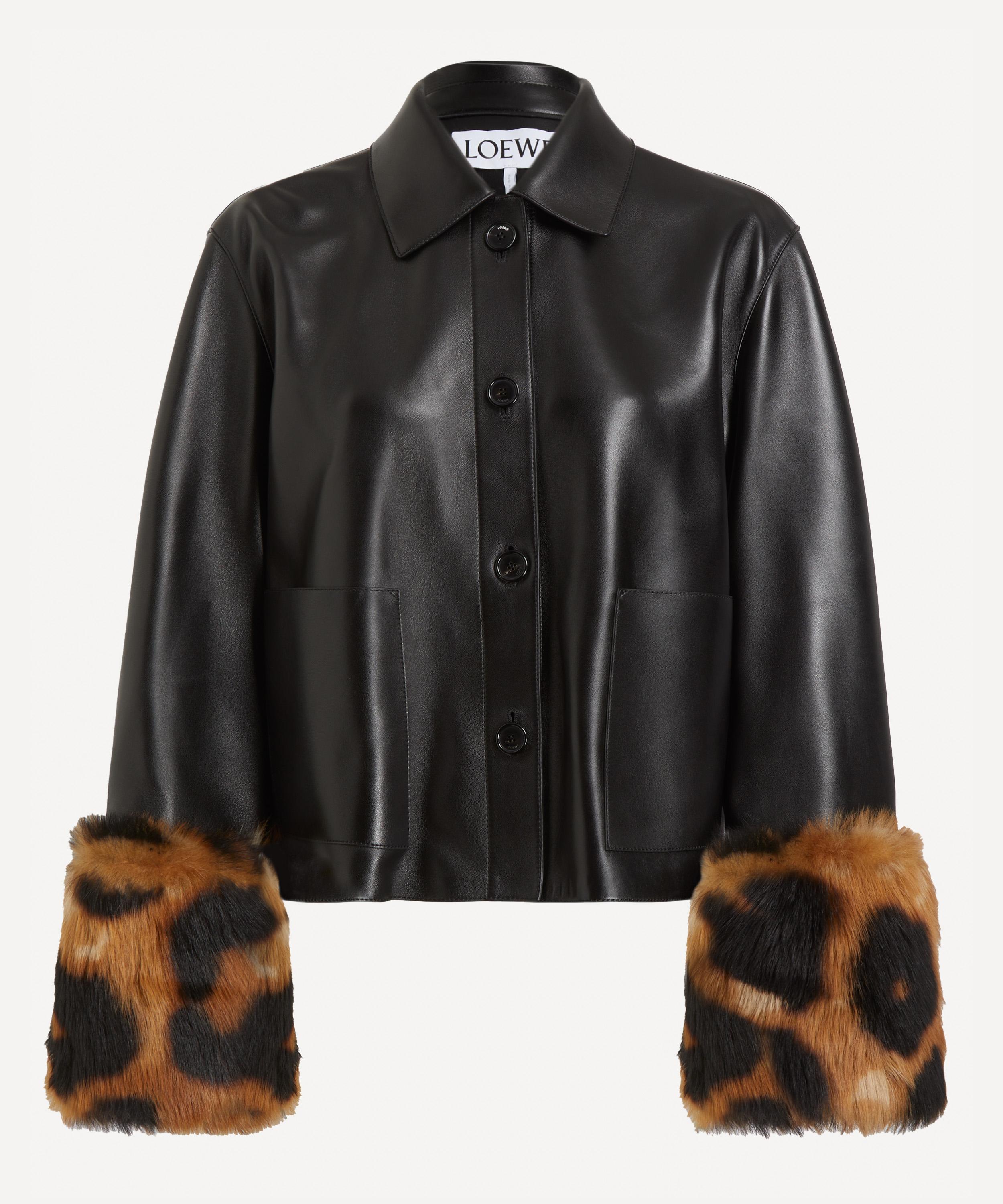 Loewe Leopard-print Shearling-trimmed Glossed-leather Jacket In Black