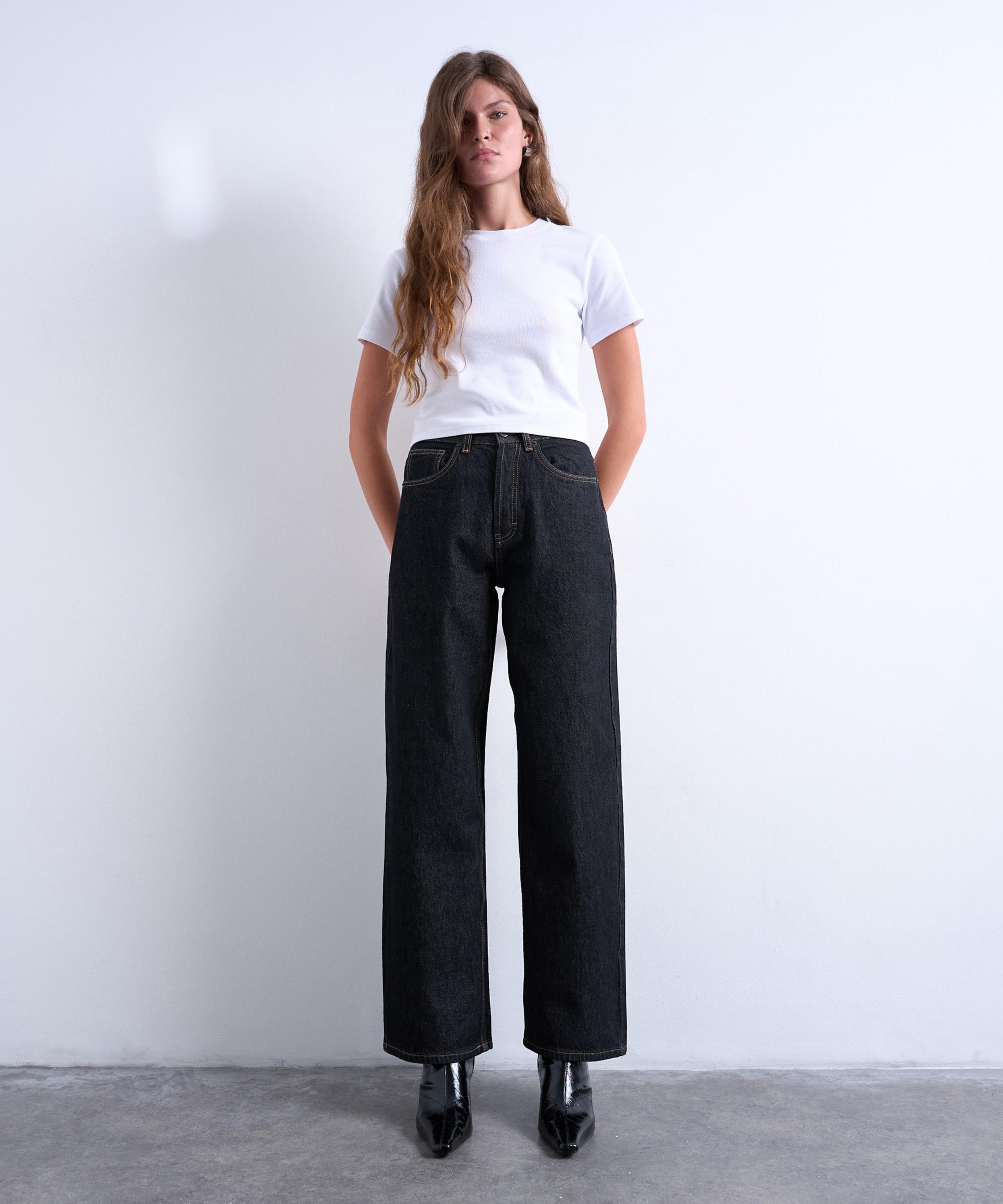 Topshop Women's Black Ecru Column Mid-rise Jeans In Black
