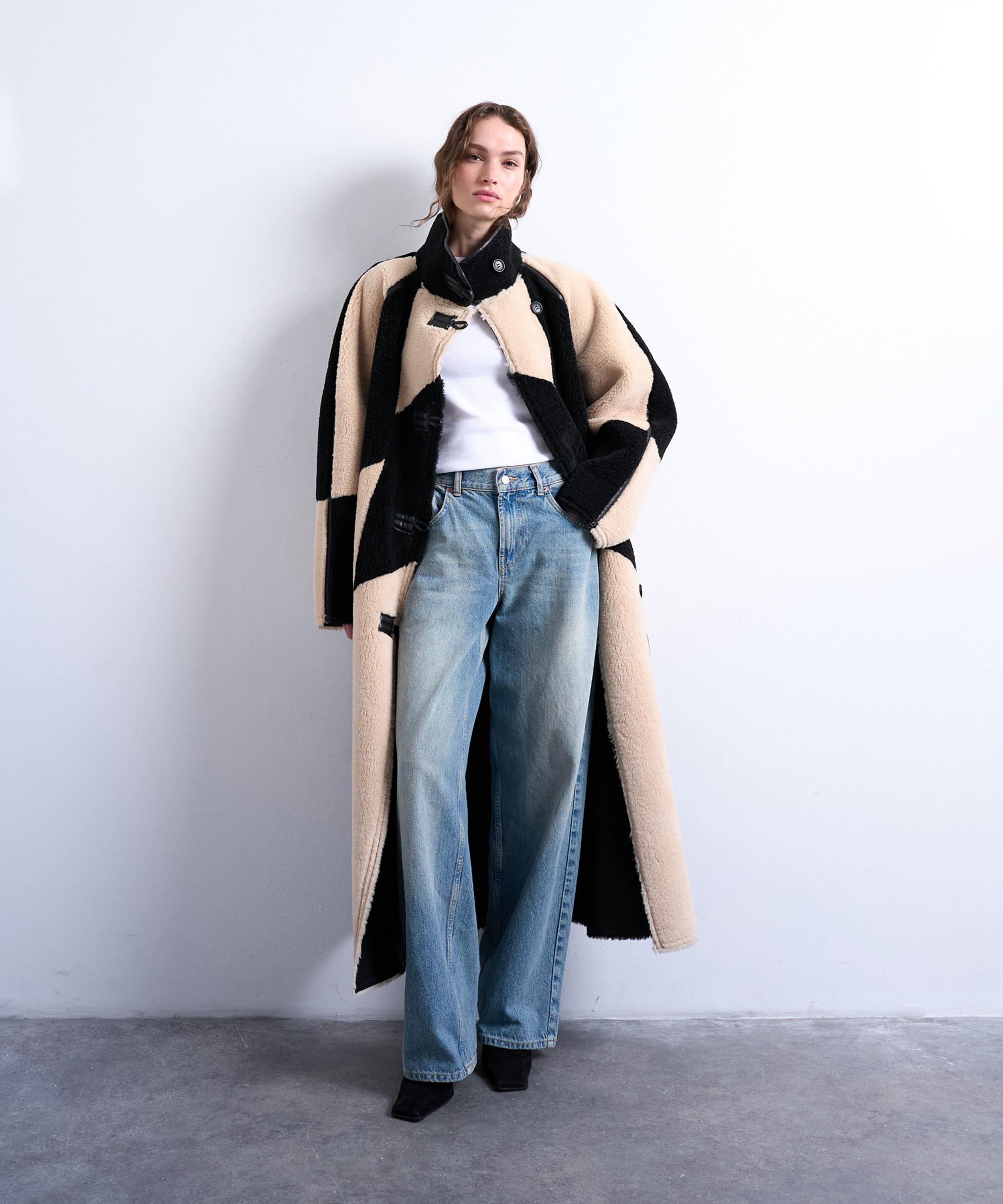 Topshop Patchwork Colorblock Faux Shearling Longline Coat In Neutral