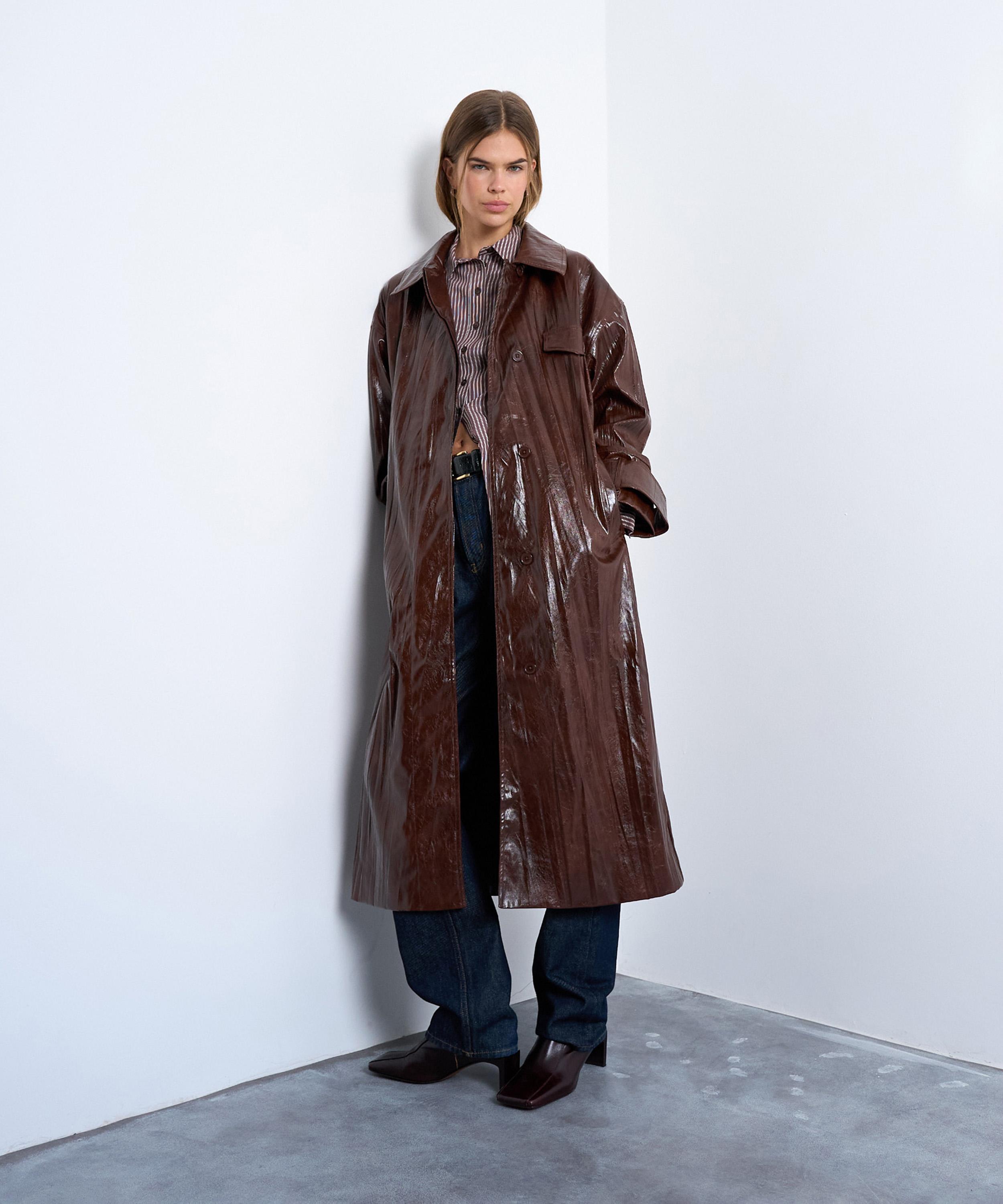 Topshop Faux Leather High Shine Washed Trench Coat In Brown