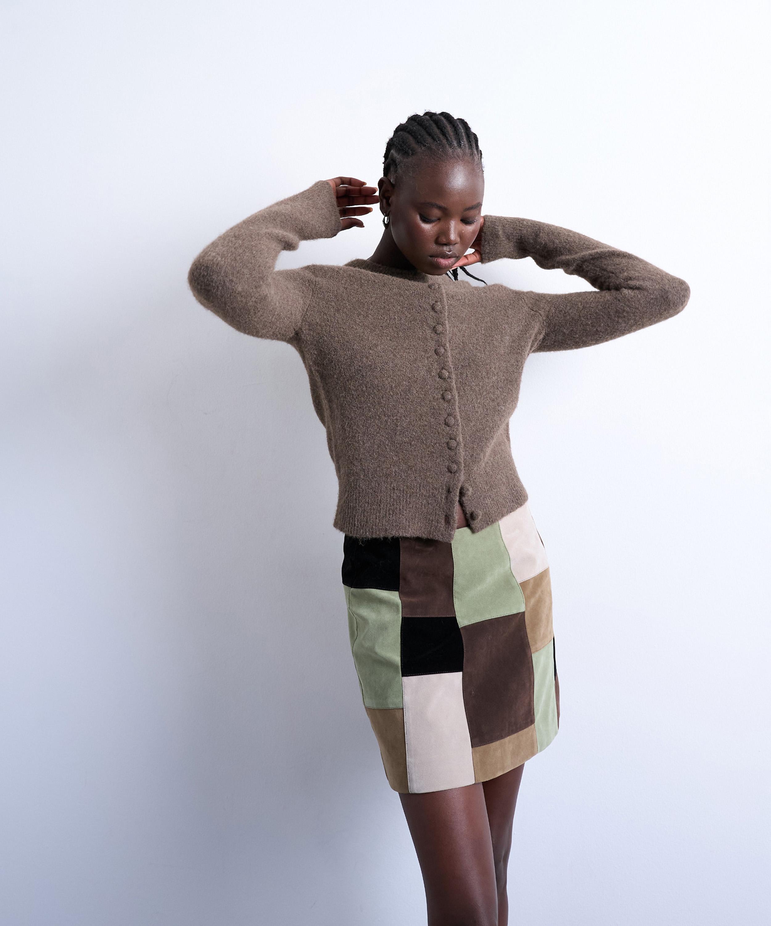 Topshop Covered Button Cardigan In Brown