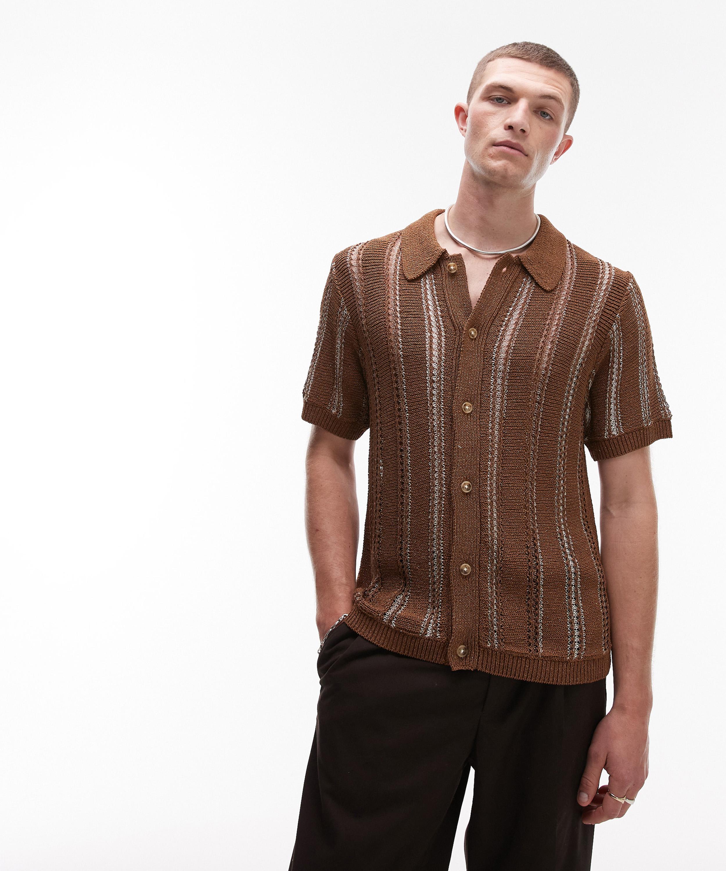 Topman Mens Brown Knitted Button-through Shirt