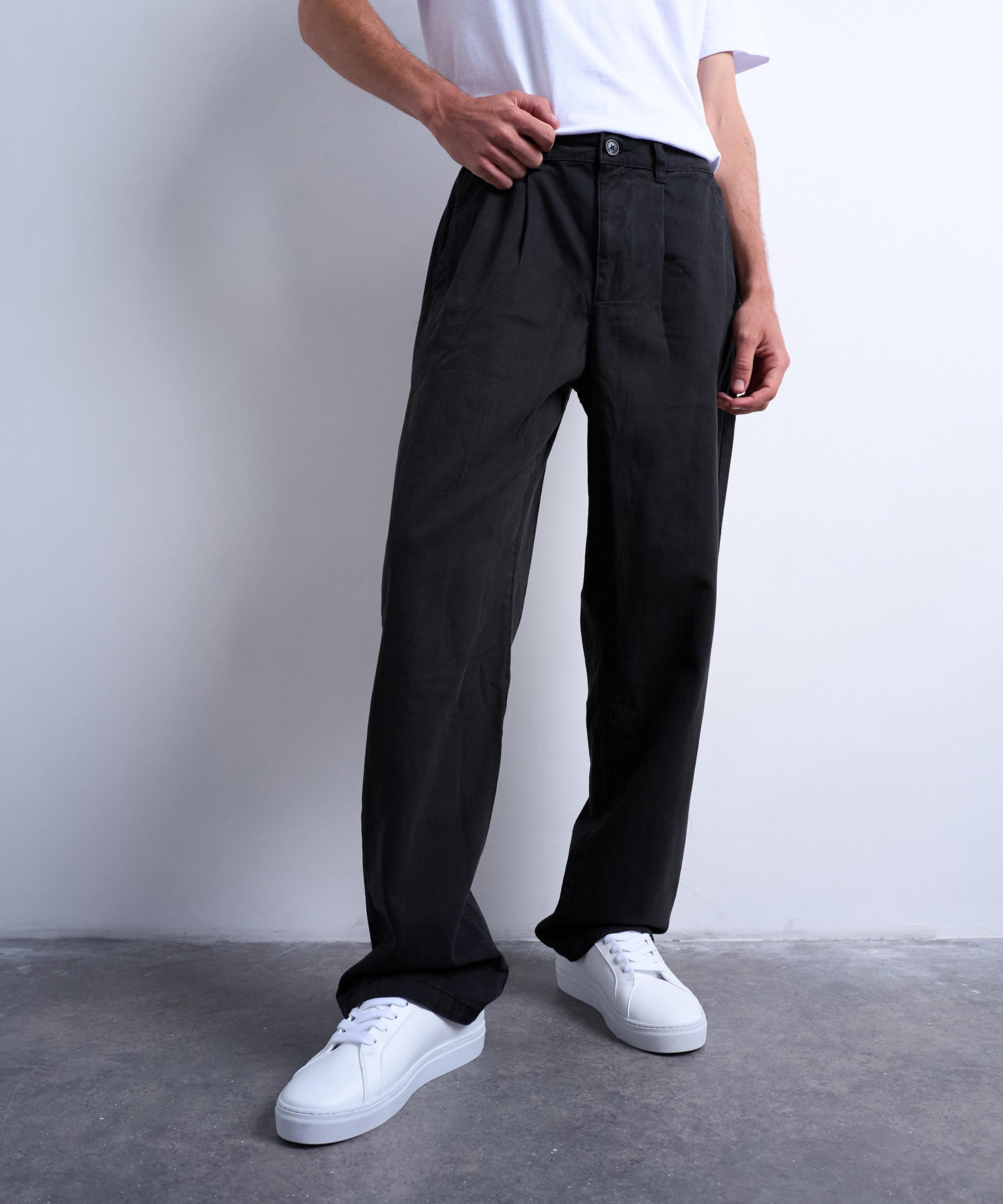 Topman Mens Black Baggy Fit High-waisted Twill Trousers