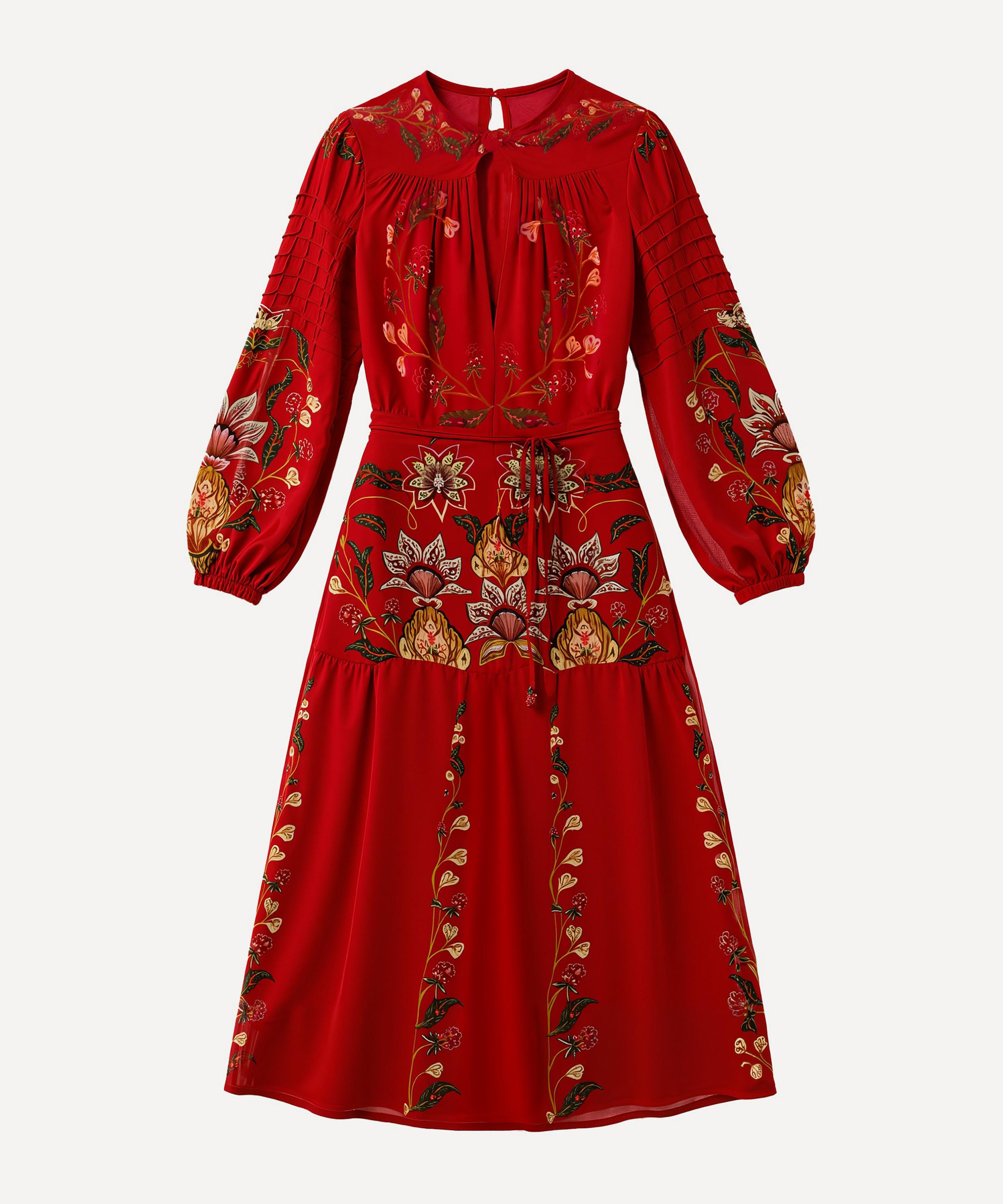 Farm Rio Women's Red Berry Garden Long-sleeve Pleated Maxi Dress In Burgundy
