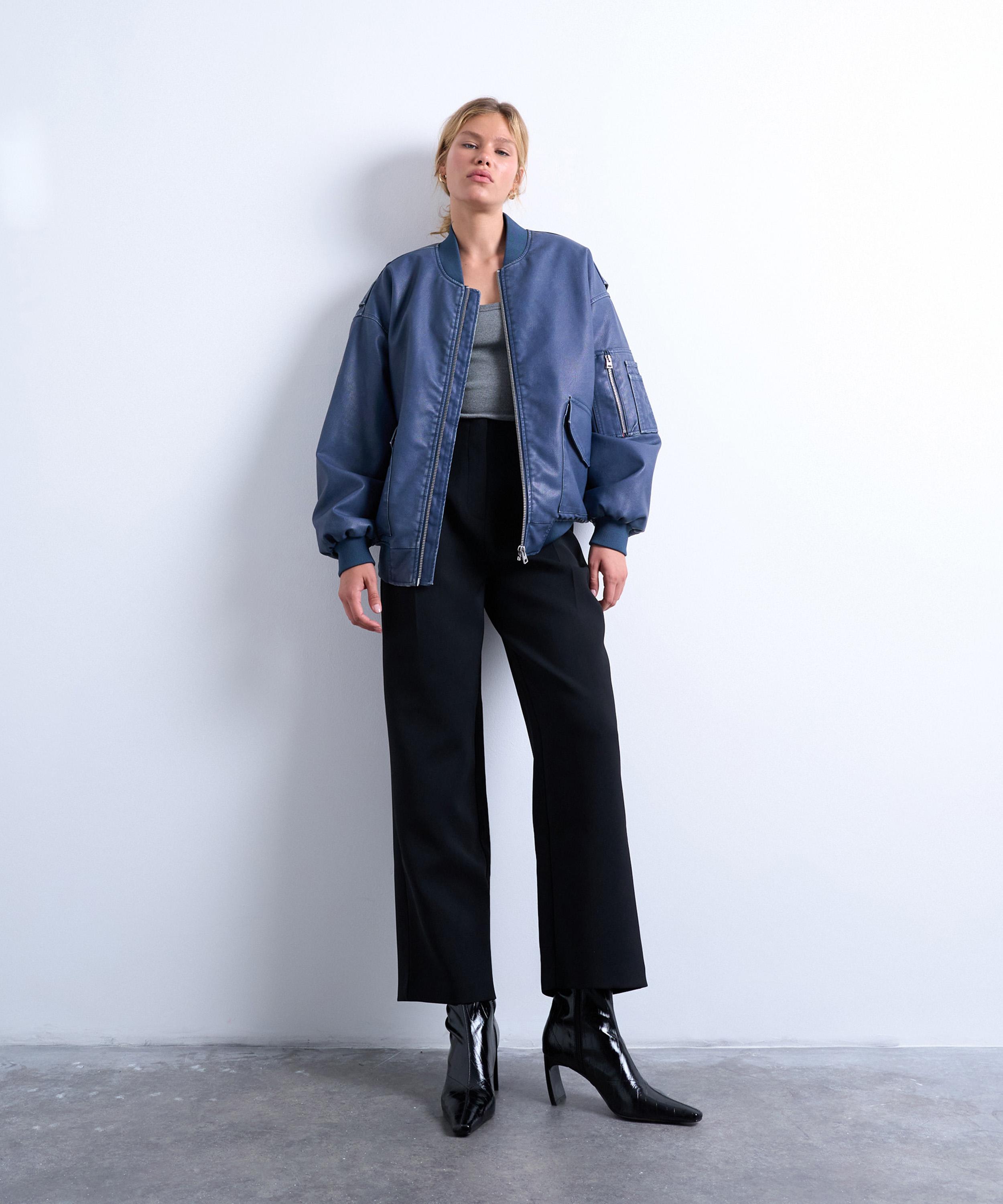 Topshop Women's Blue Faux Leather Ma1 Bomber Jacket In Blue