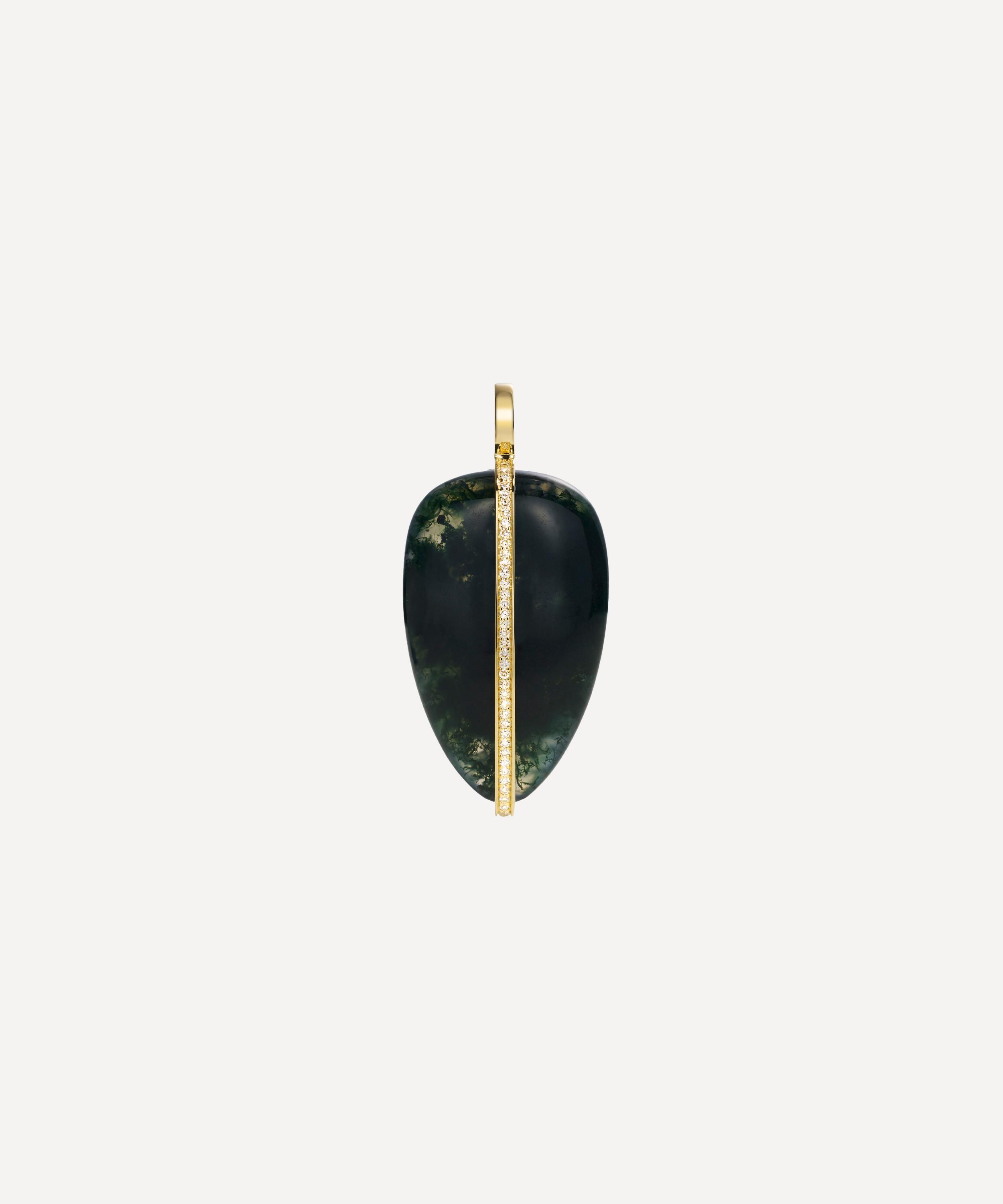 By Pariah 14ct Gold Xl Diamond And Moss Agate Pebble Pendant In Green