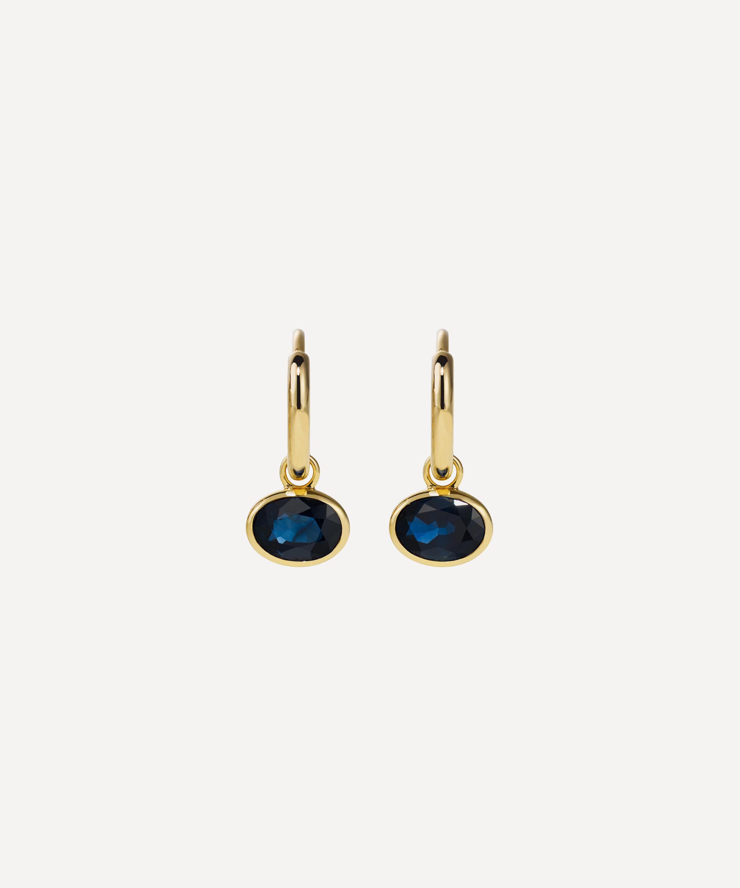 By Pariah 14ct Gold Orbit Navy Sapphire Drop Hoop Earrings