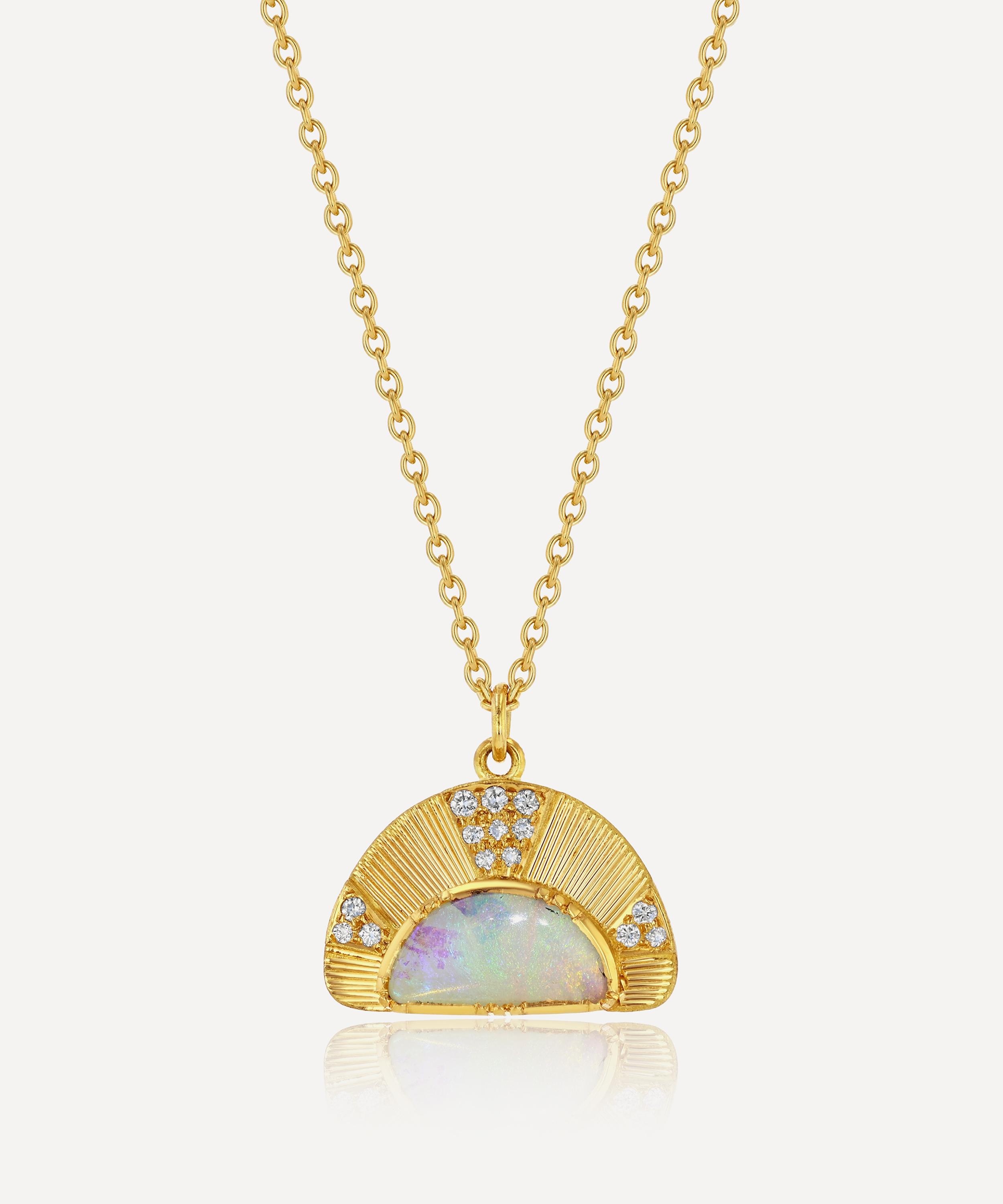 Brooke Gregson 18ct Gold Engraved Sun Ray Opal Diamond Pendant Necklace In Multi