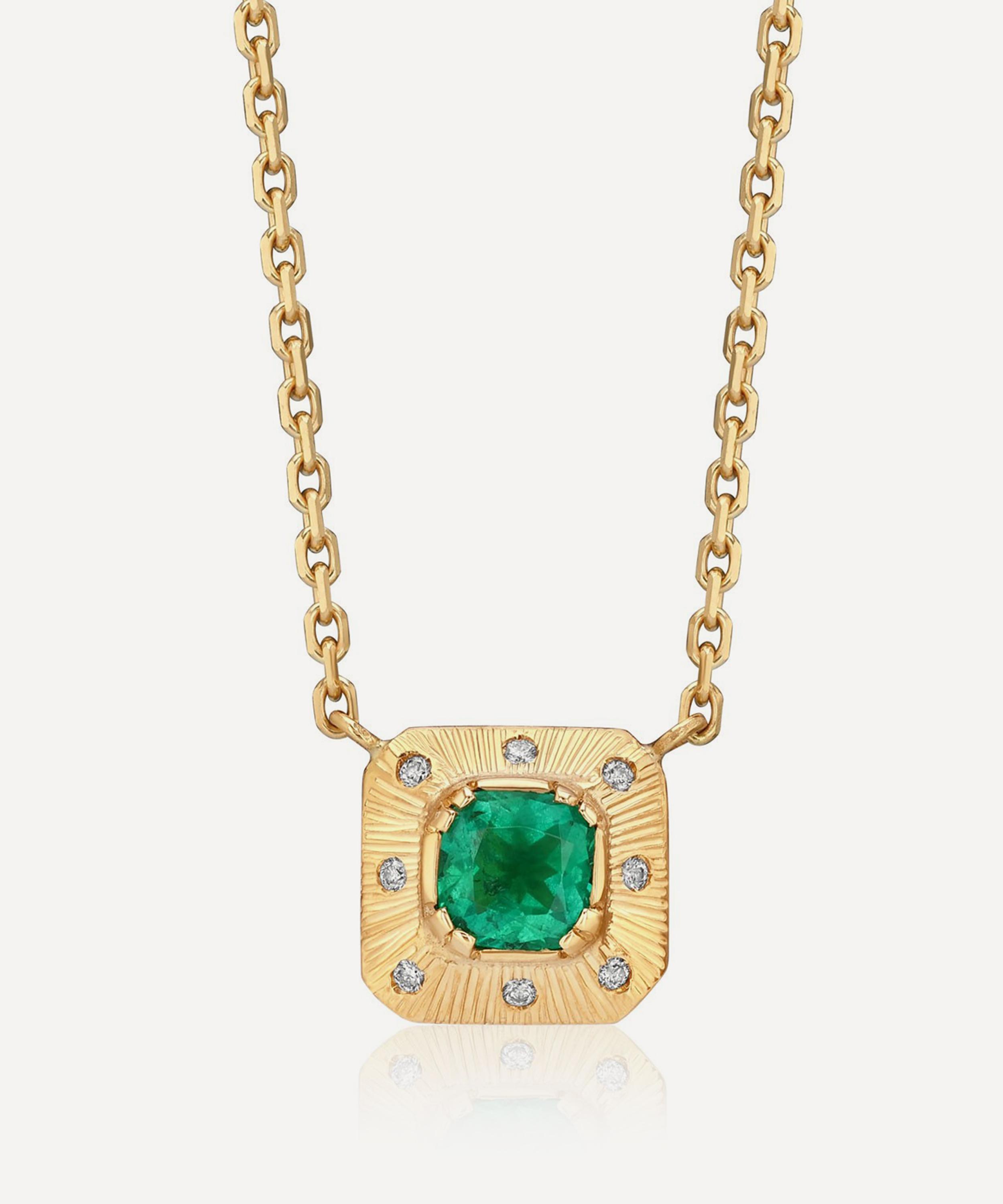 Brooke Gregson 18ct Gold Engraved Emerald Pendant Necklace In Green