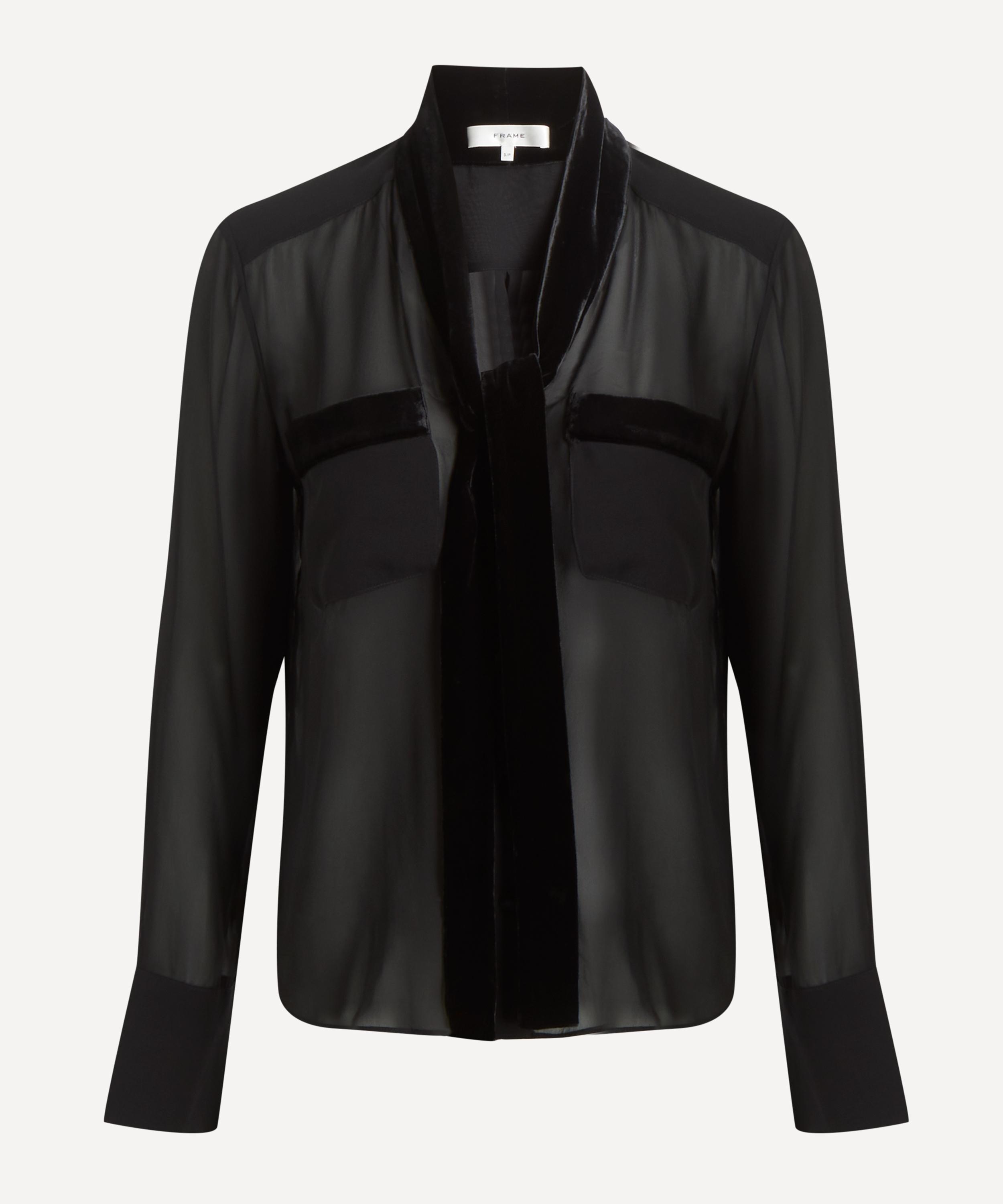 Frame The Velvet Trim Modern Tie Silk Blouse In Black