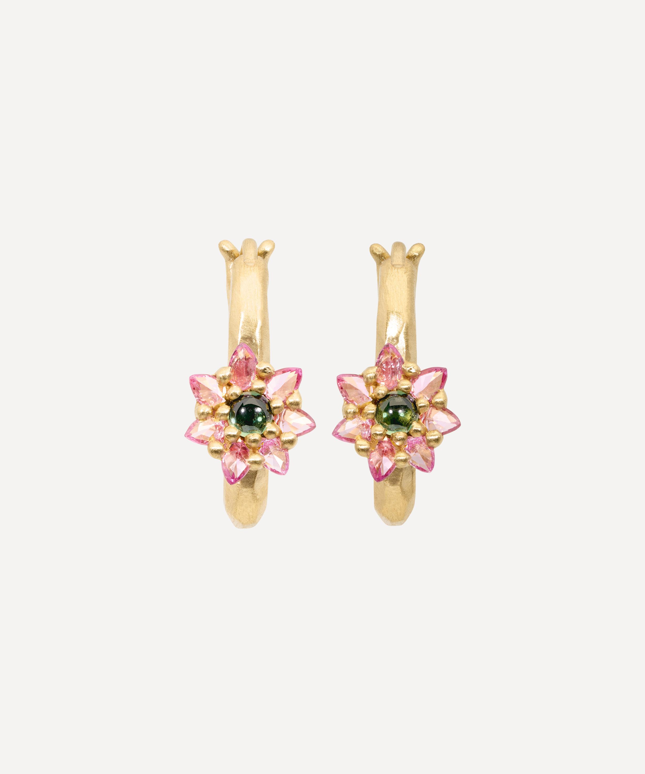 Polly Wales 18ct Gold Small Green And Pink Daisy Oval Hoop Earrings In Gold