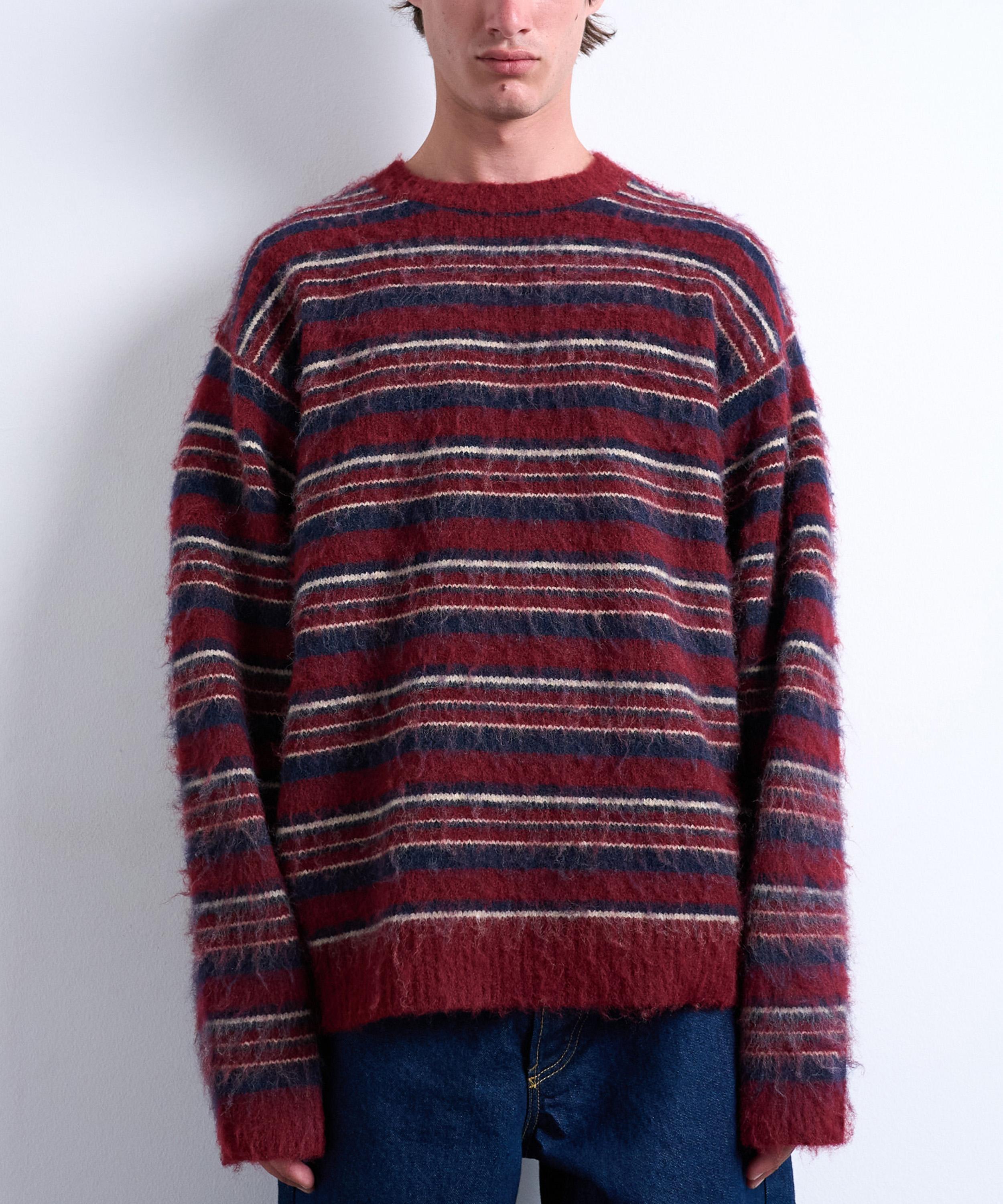 Topman Relaxed Fit Fluffy Knit Striped Sweater In Burgundy
