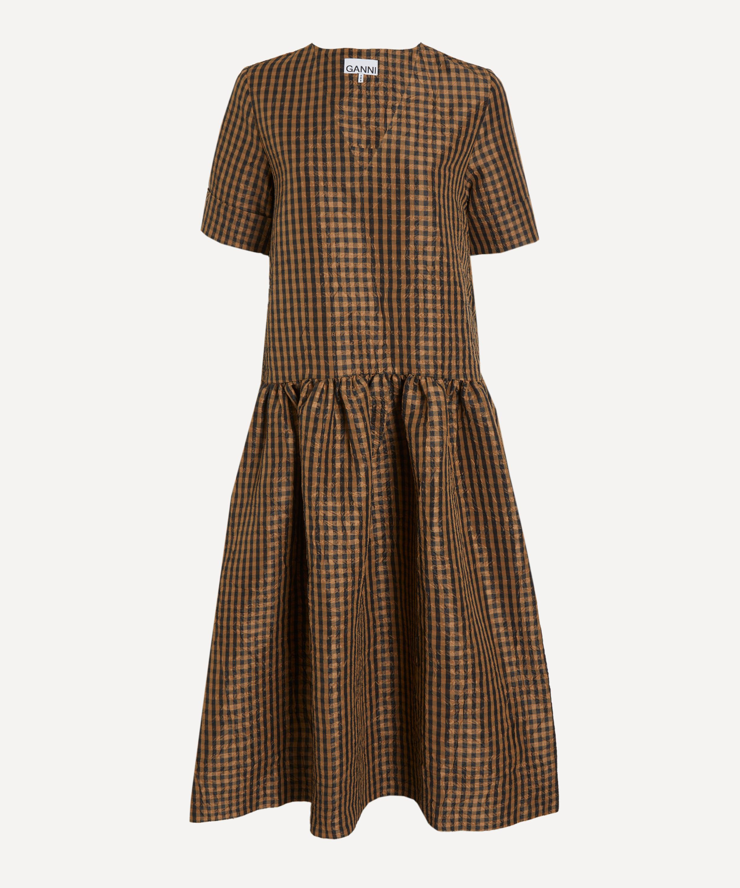 Ganni Women Brown Taffet Crinckled Dress, S Luxury Dresses For Women Darveys