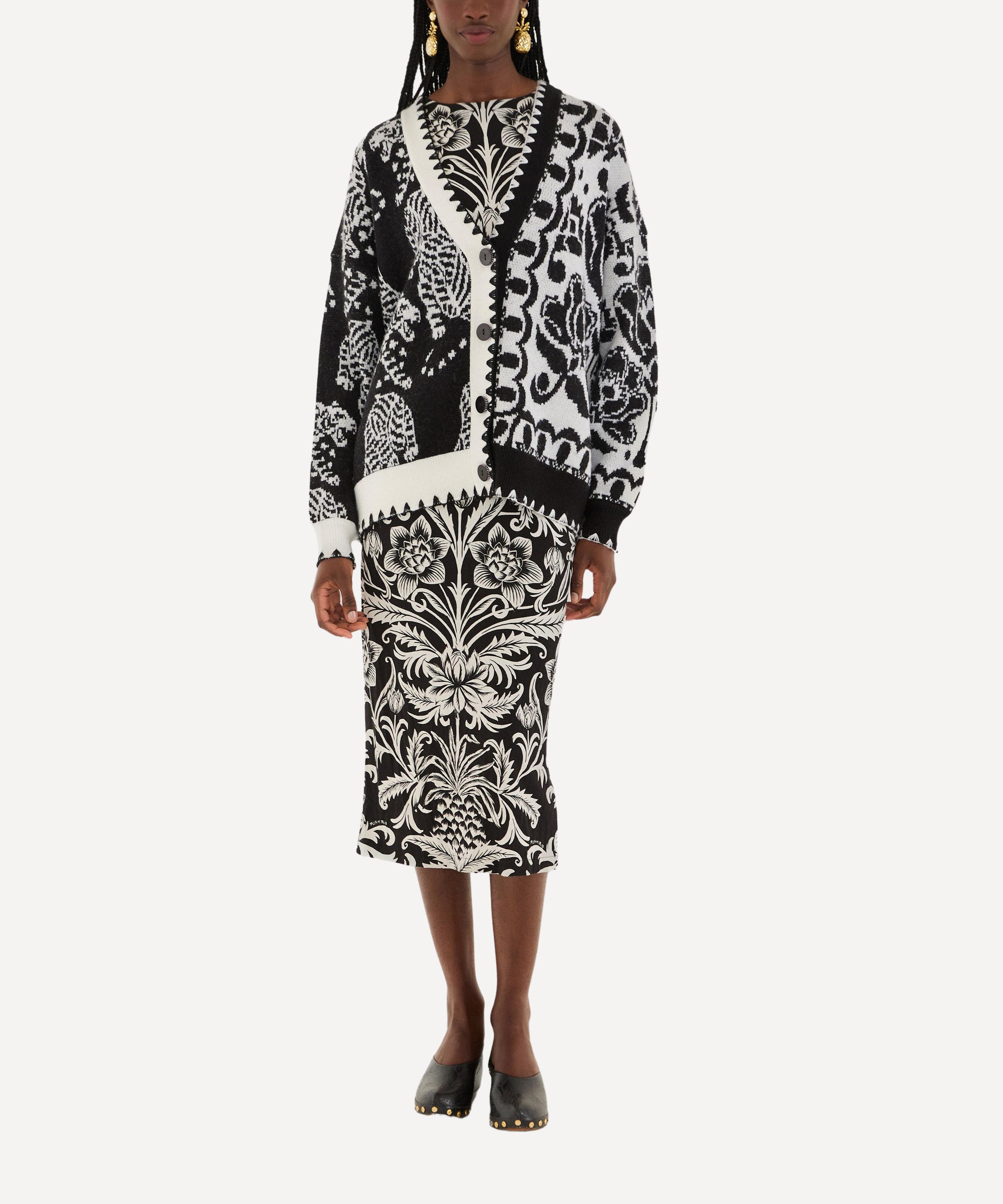 Farm Rio Women's Black & White Mixed Striped Tigers Buttoned Knit Cardigan In Multi