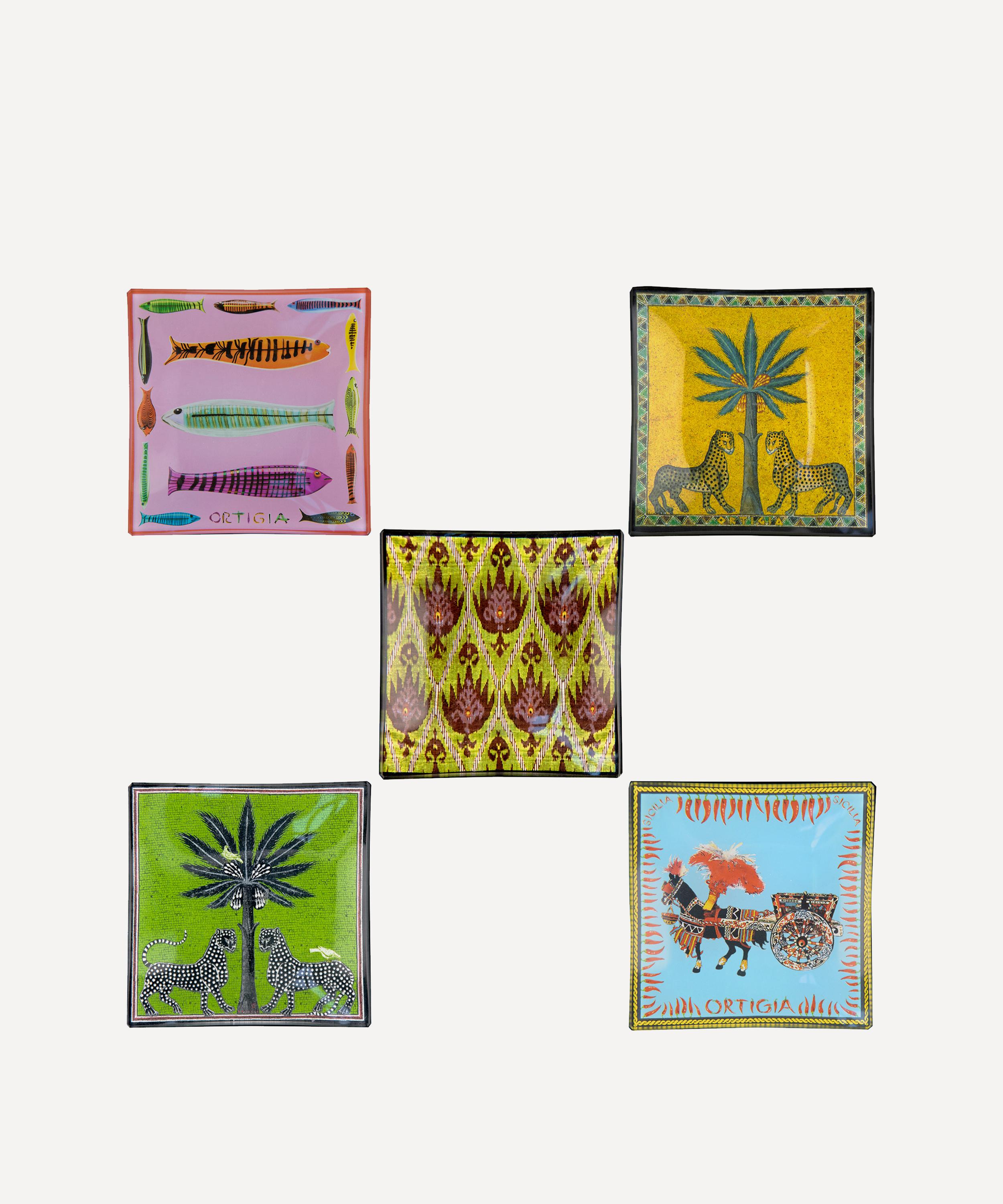 Ortigia Tin Carretto Glass Sqaure Plates Set Of Five In Multi