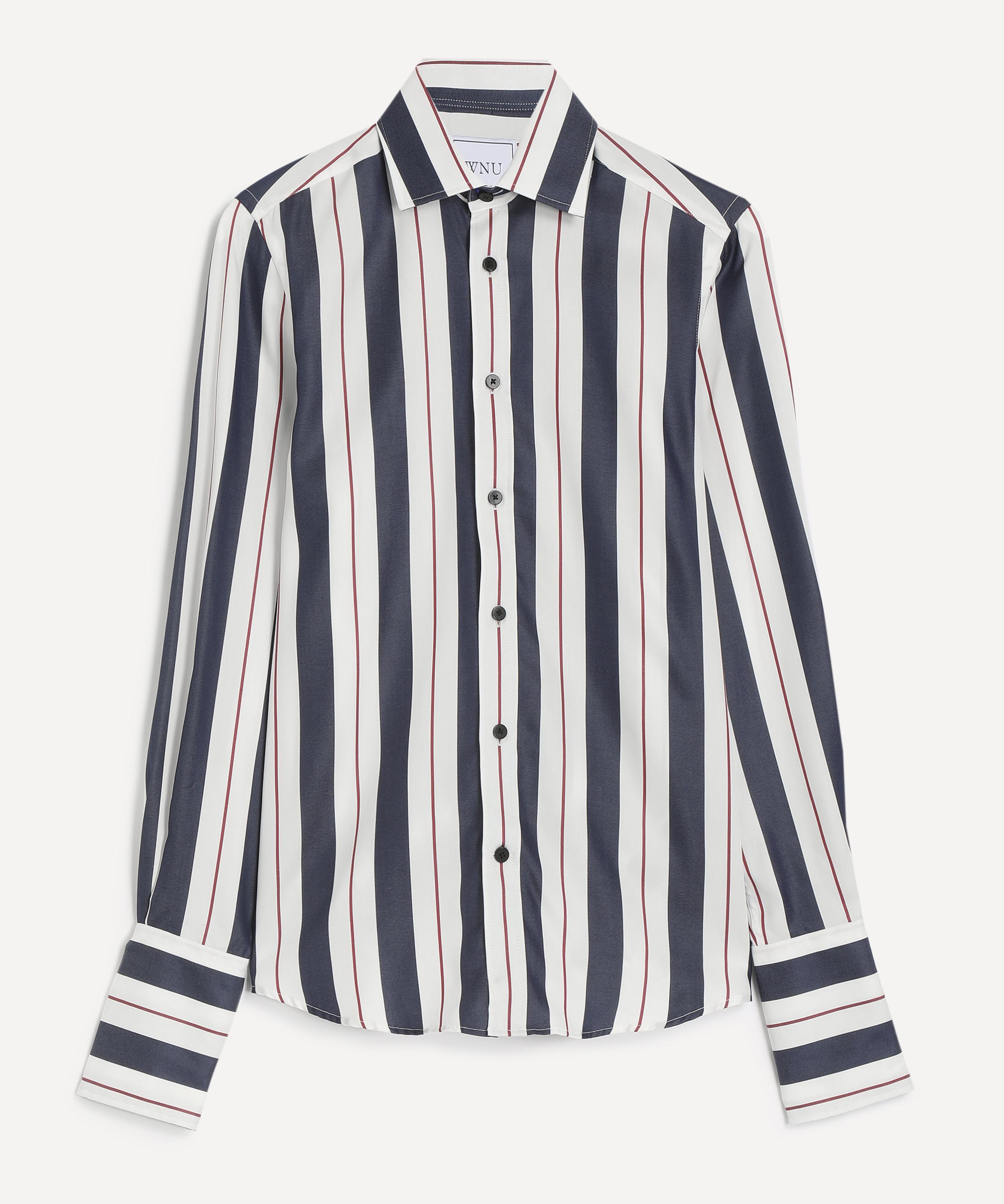 With Nothing Underneath Women's The Boyfriend Exaggerated Cuff Navy-burgundy Wide Stripe Shirt In Multi
