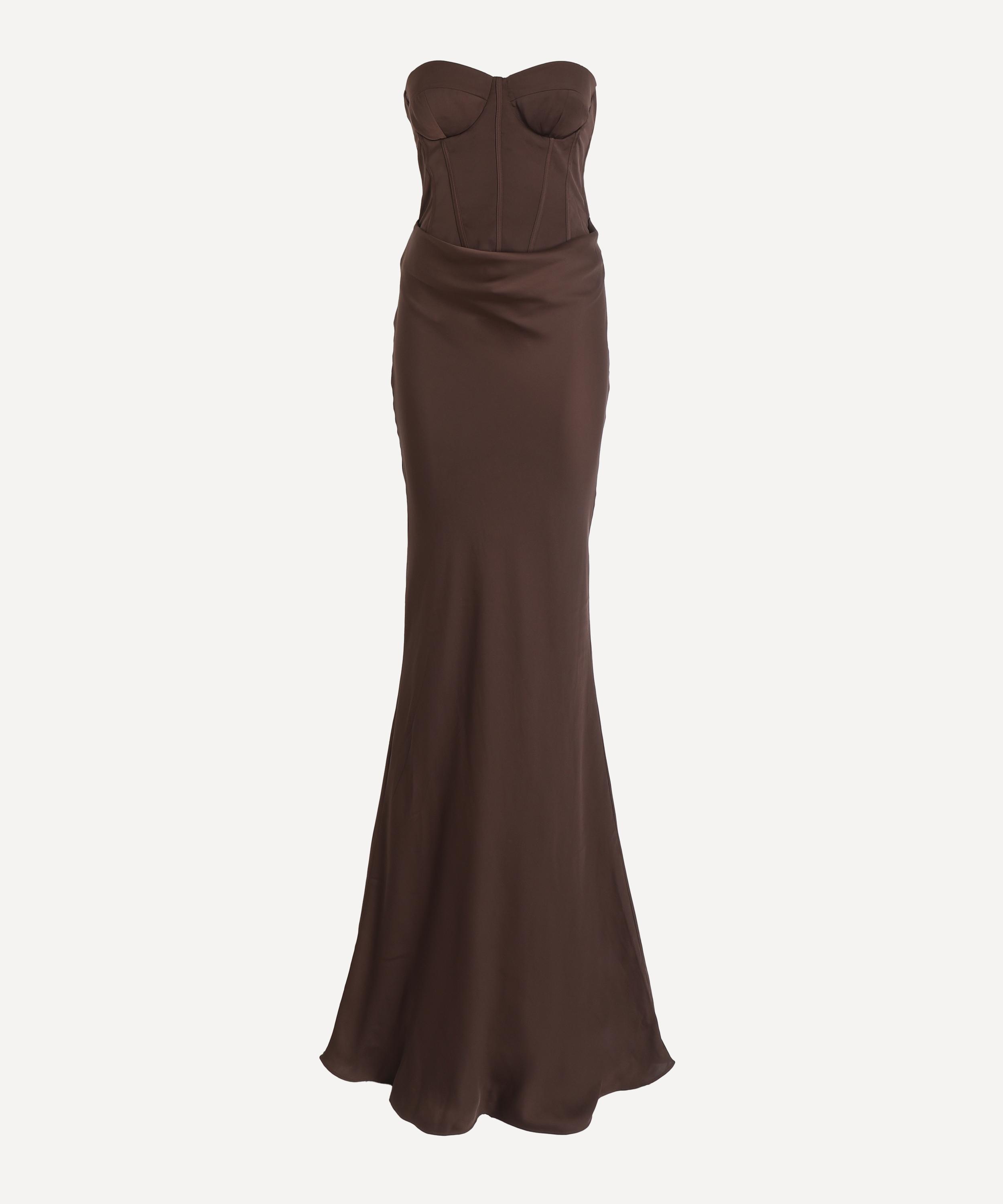Rotate Birger Christensen Women's Brown Satin Corset Maxi Dress