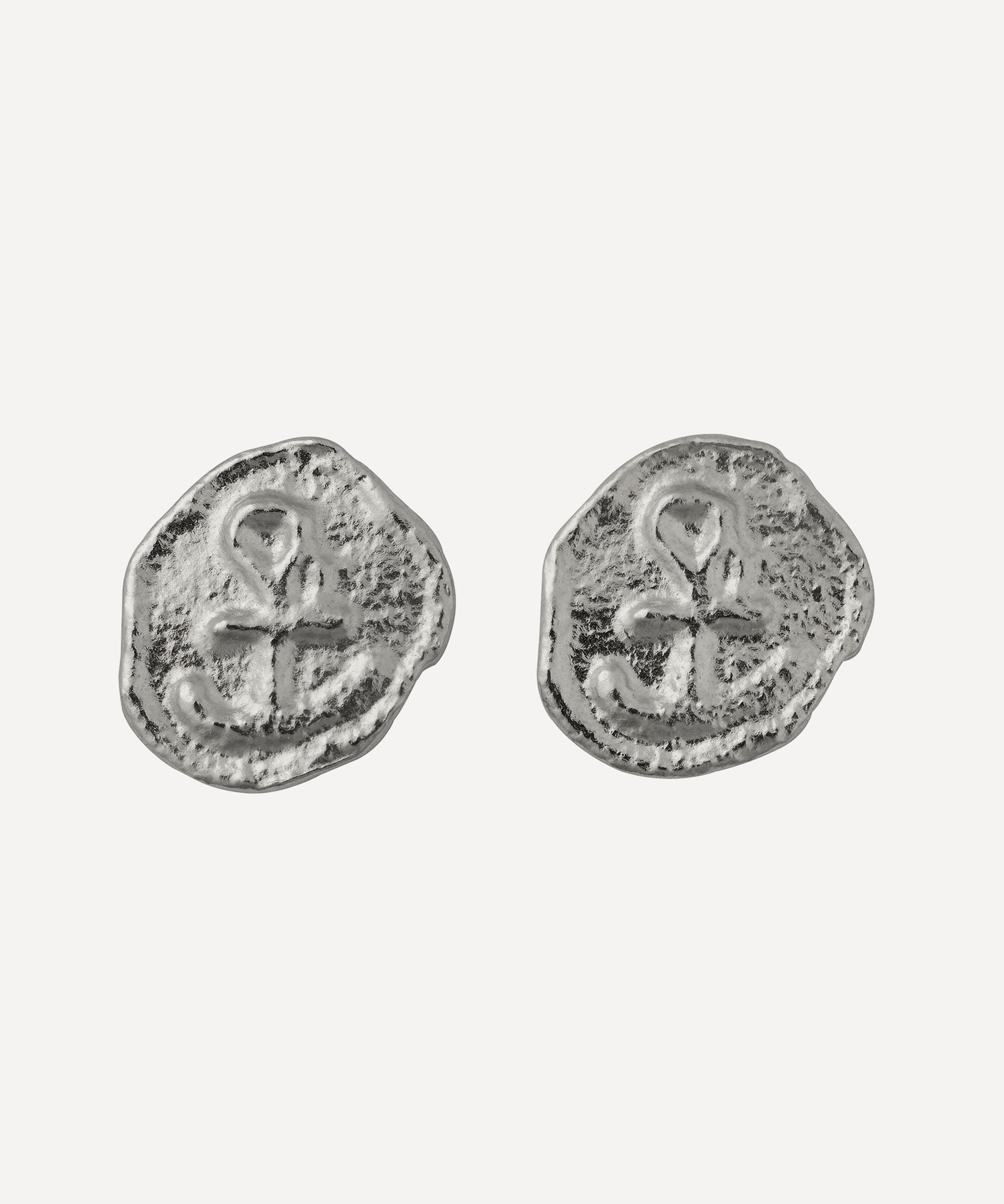 Alex Monroe Sterling Silver Mudlarked Anchor Token Stud Earrings In Silver