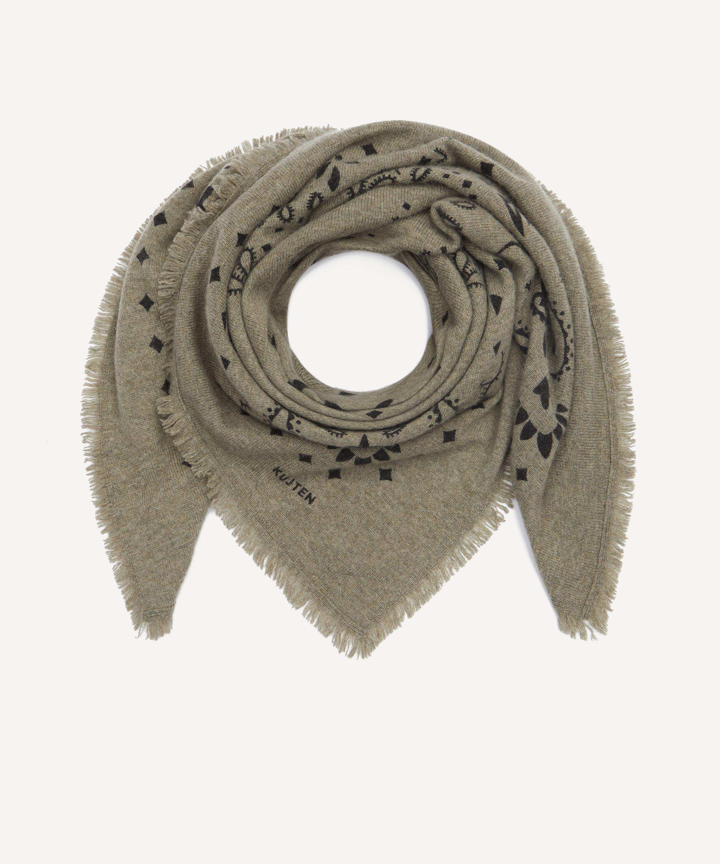 Kujten Women's Large Hachiko Black Printed Cashmere Bandana In Green