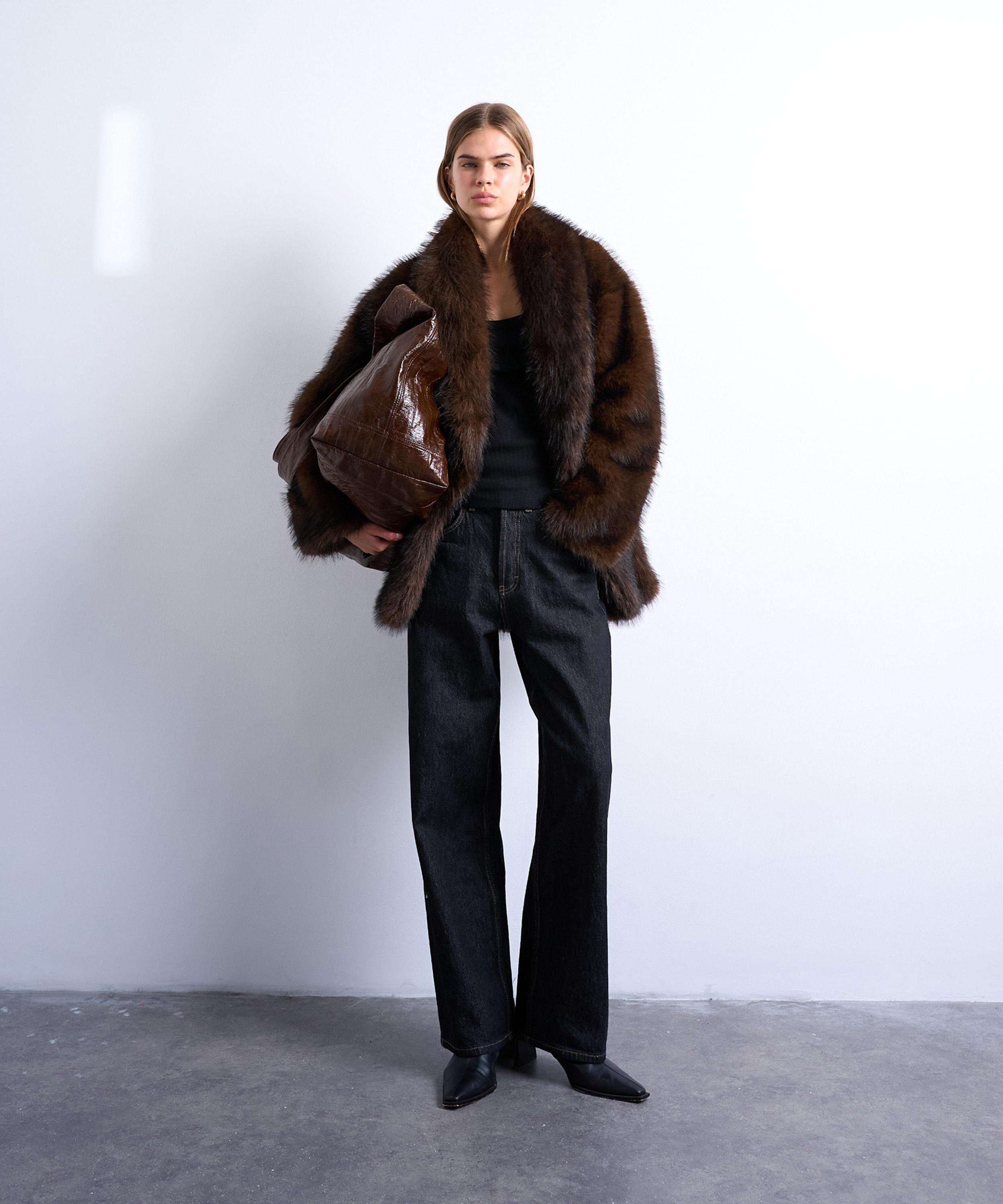 Topshop Women's Chocolate Faux Fur Collarless Mid-length Coat In Burgundy