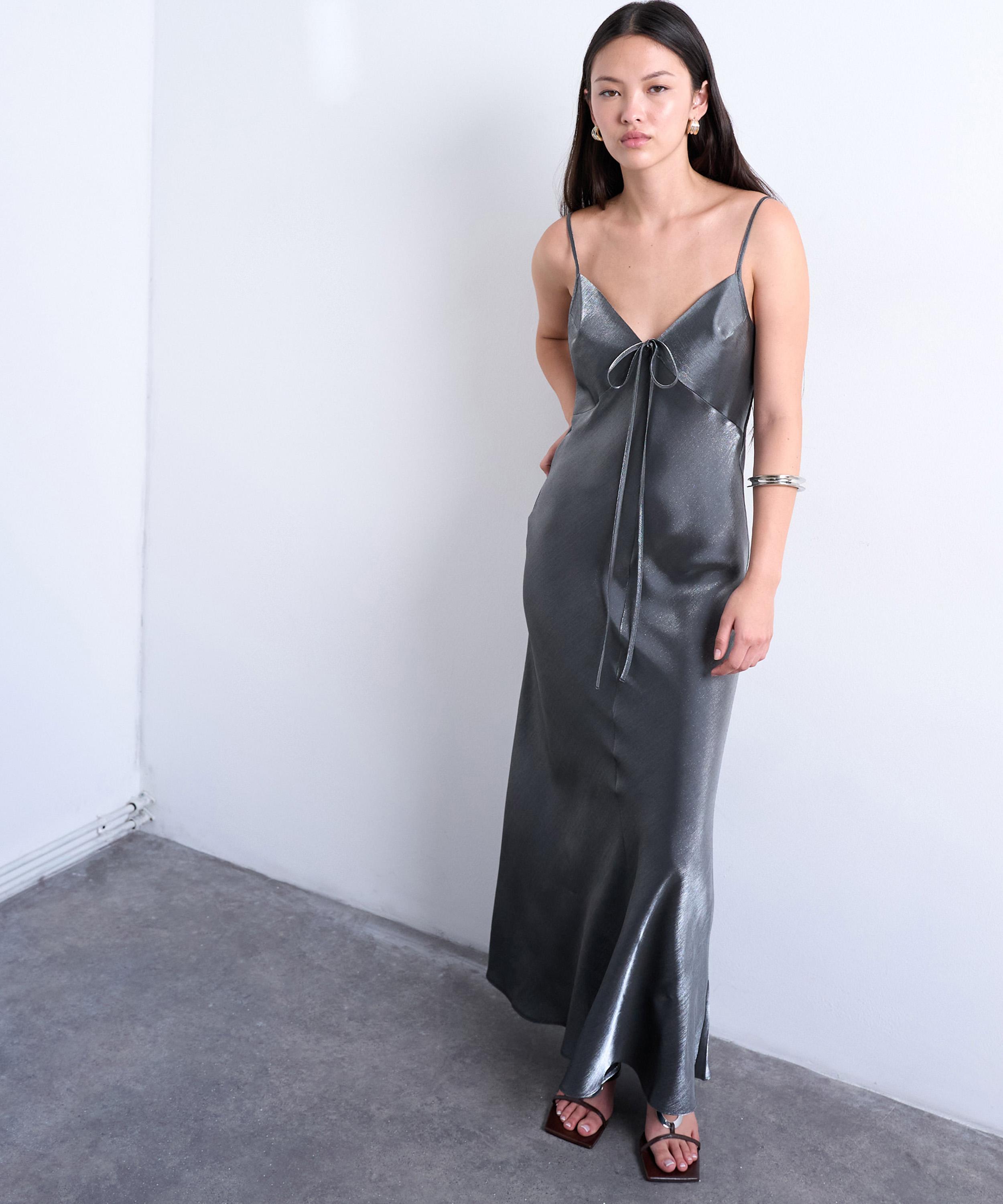 Topshop Women's Halter Tie Neck Liquid Metallic Maxi Slip Dress In Gray