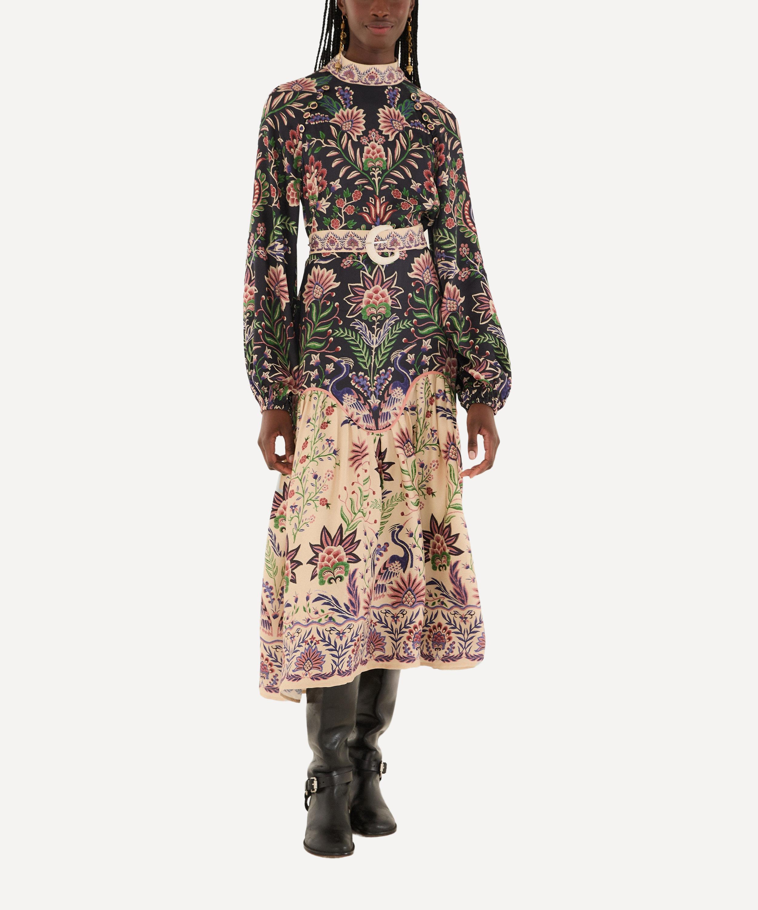 Farm Rio Marvelous Garden Floral-print Satin Midi Dress In Gray