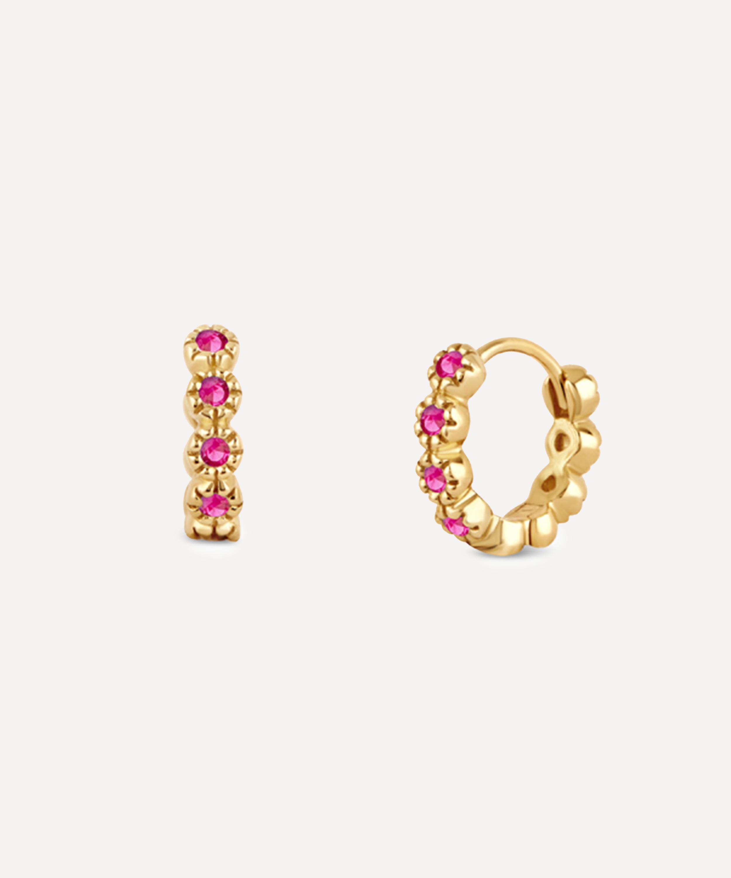 Dinny Hall 14ct Gold Forget Me Not Ruby Huggie Hoop Earrings