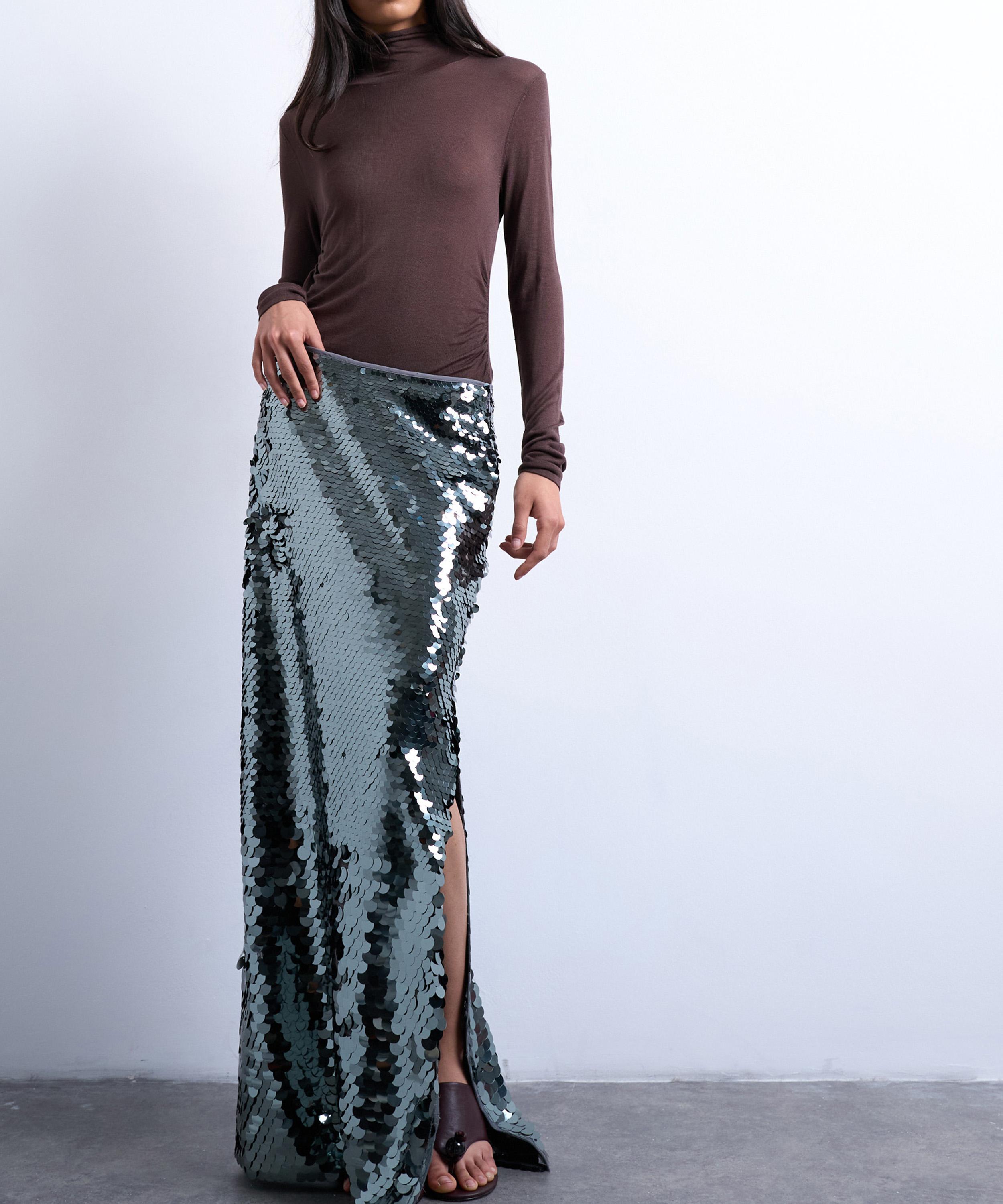 Topshop Women's Sequin Column Midi Skirt In Silver