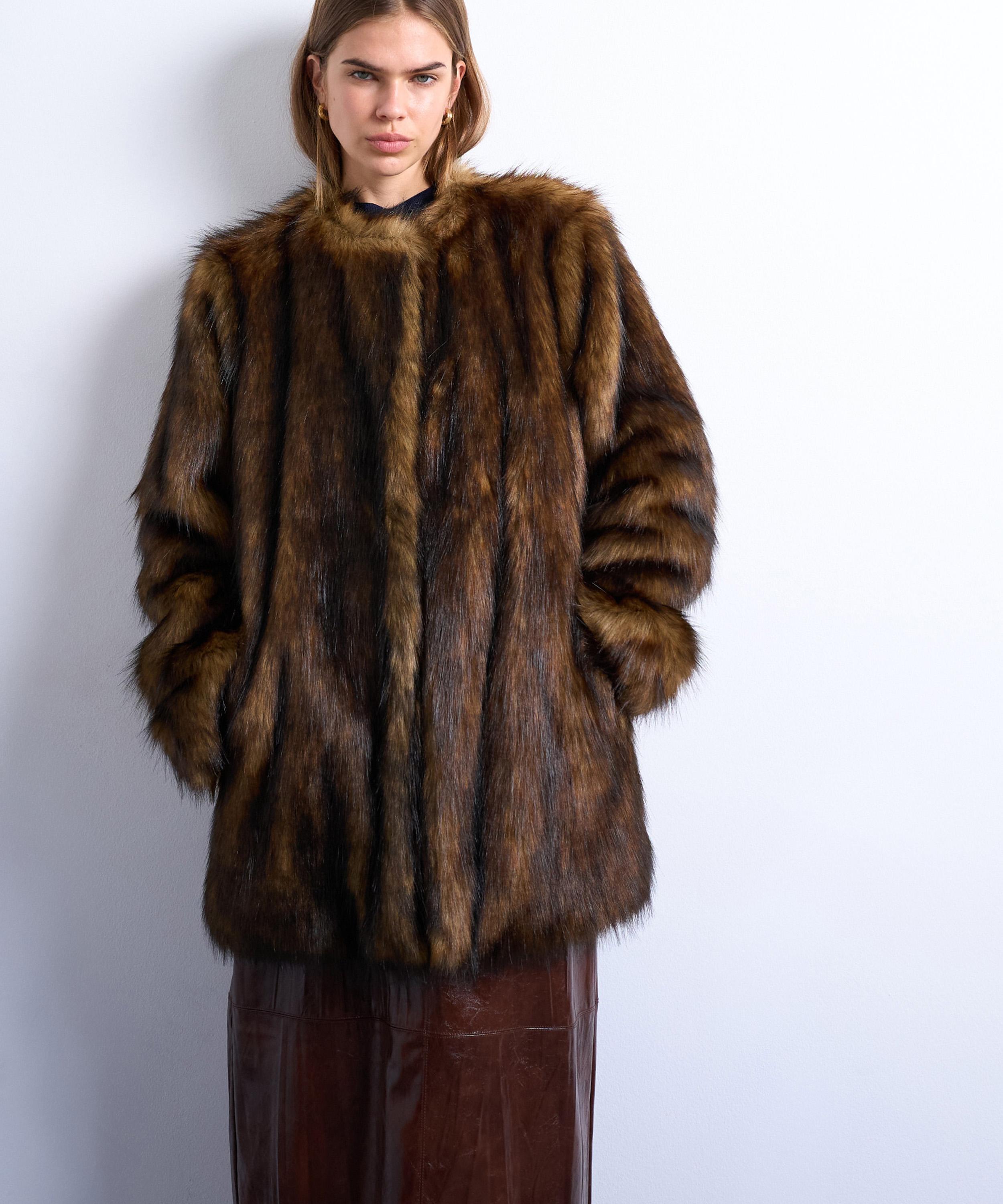 Topshop Women's Faux Fur Collarless Mid Length Coat In Brown