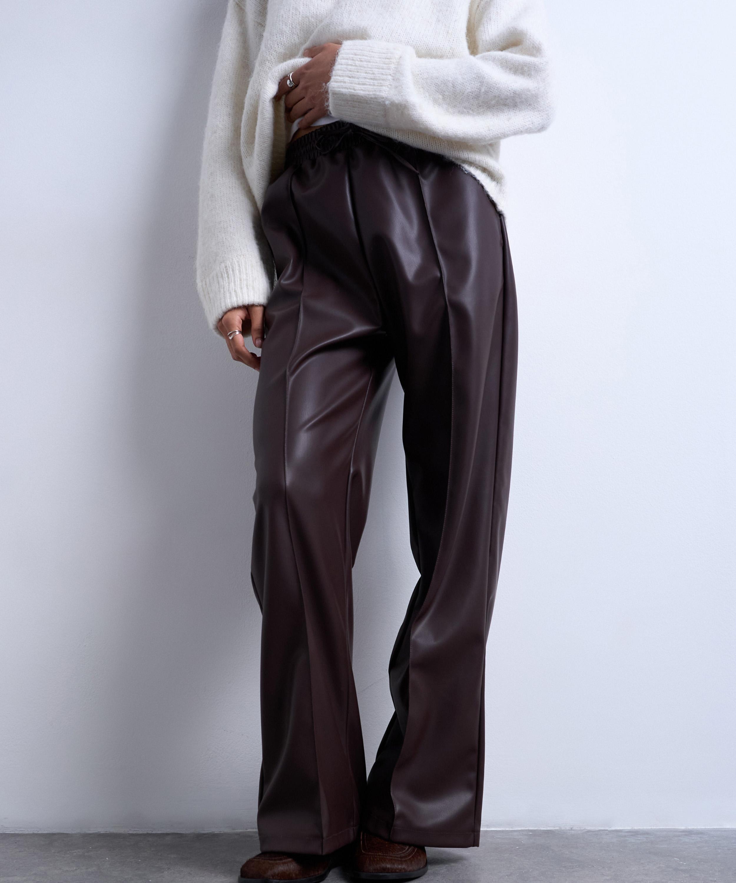 Topshop Women's Chocolate Brown Faux Leather Wide Leg Joggers With Pinseam Detail