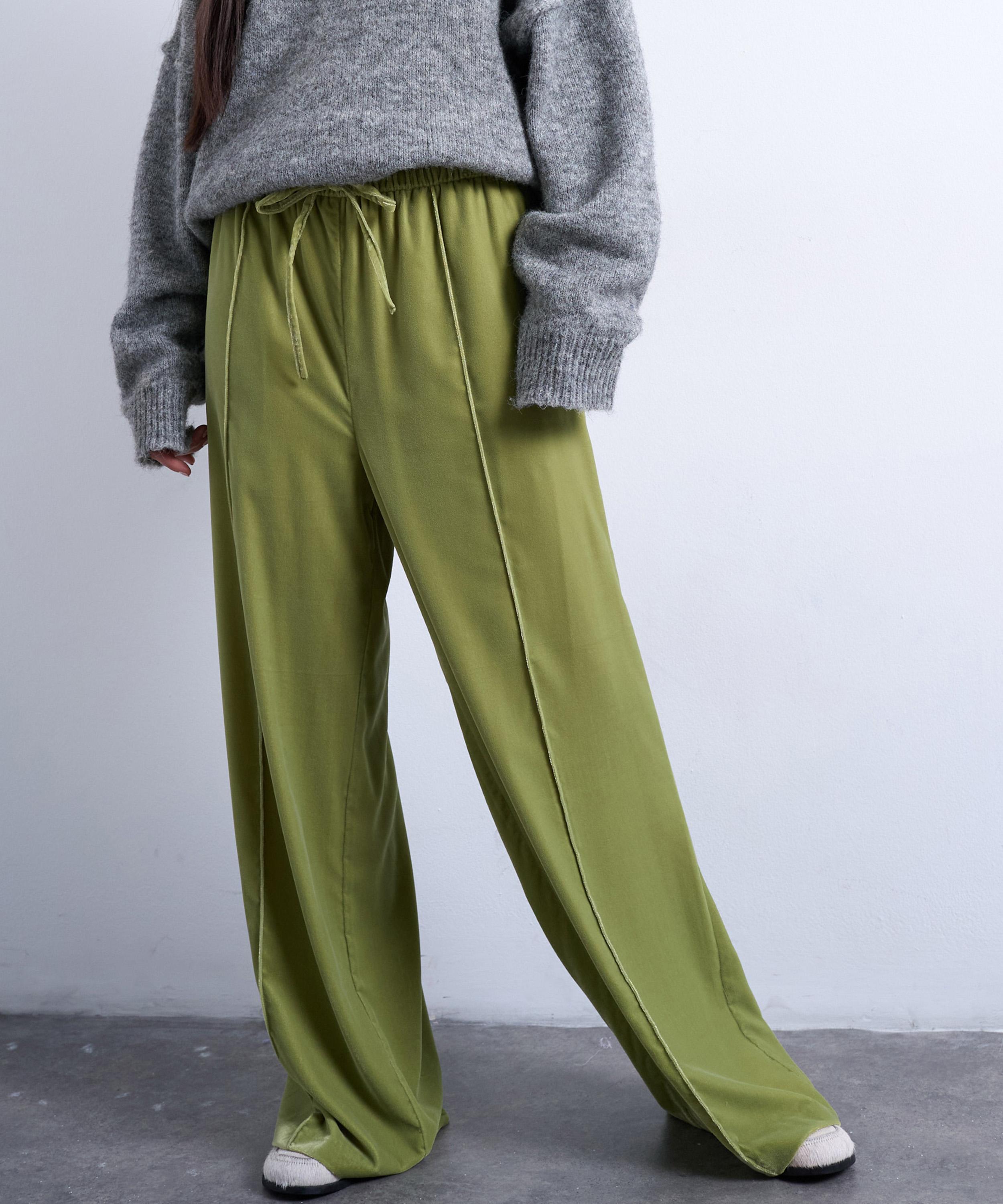 Topshop Women's Velvet Mid Rise Tie Waist Wide Leg Joggers In Green
