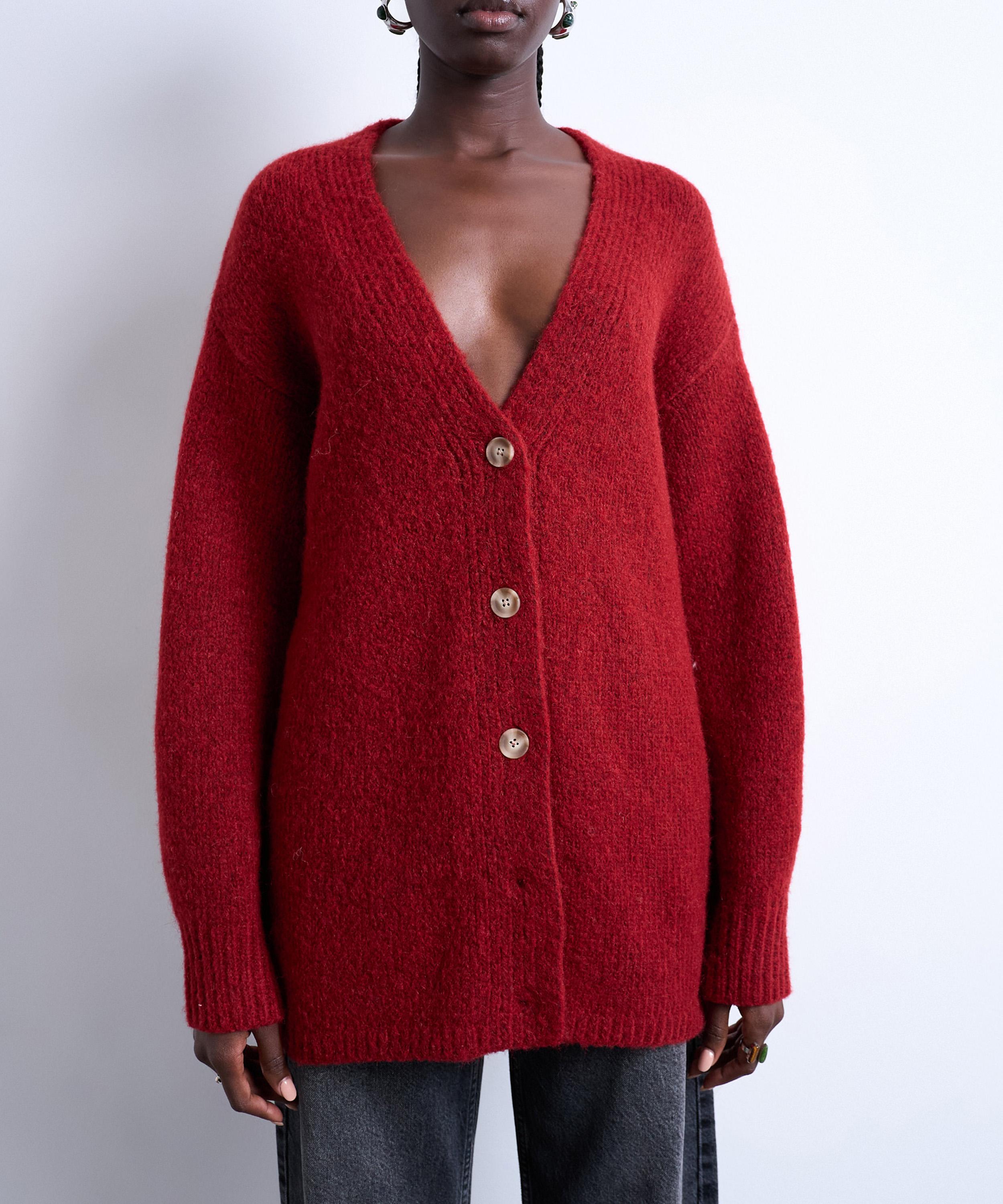 Topshop Women's Red Knitted Oversized Boyfriend Longline Easy Cardigan In Red