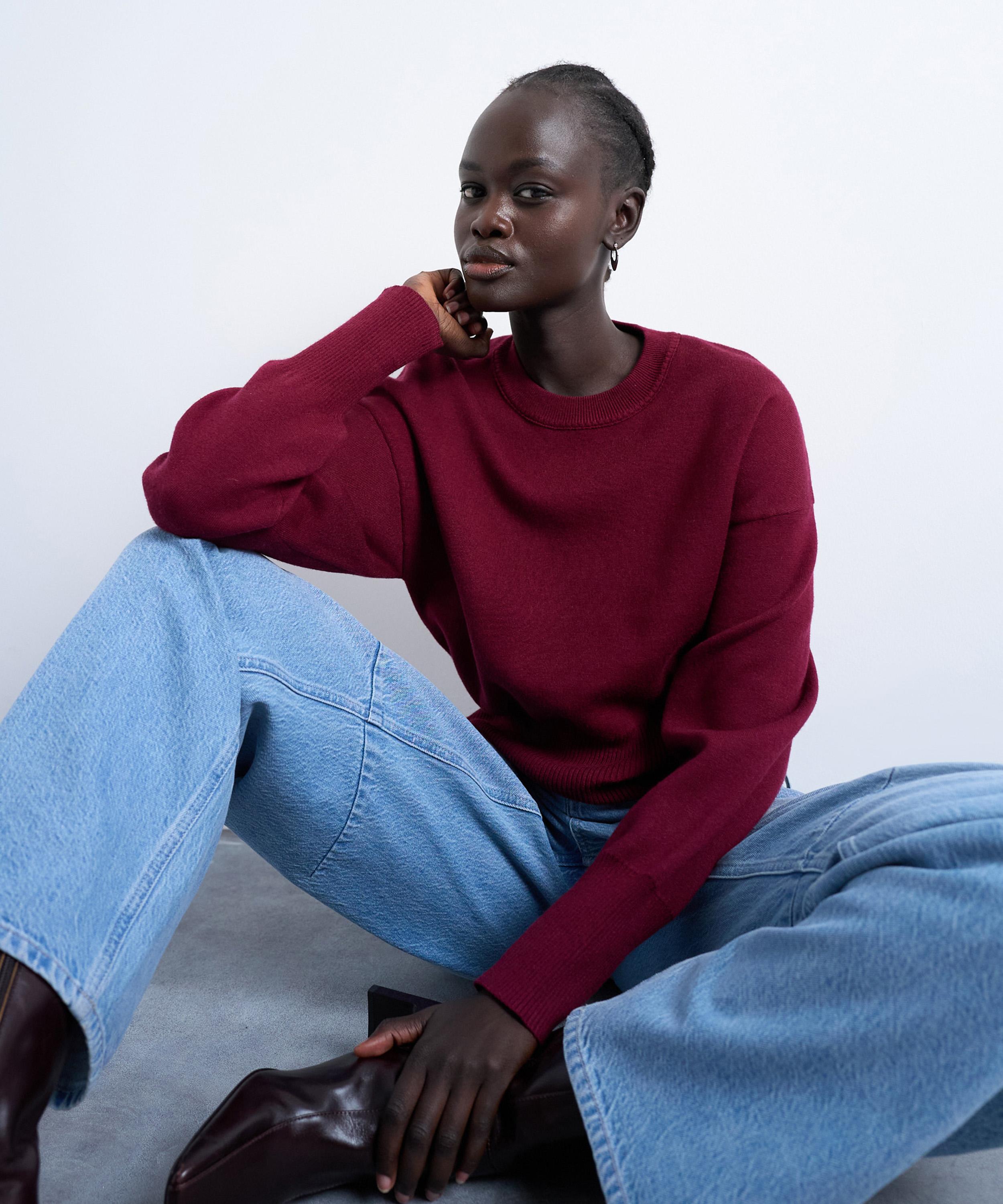 Topshop Women's Burgundy Knitted Clean Cinch Waist Jumper