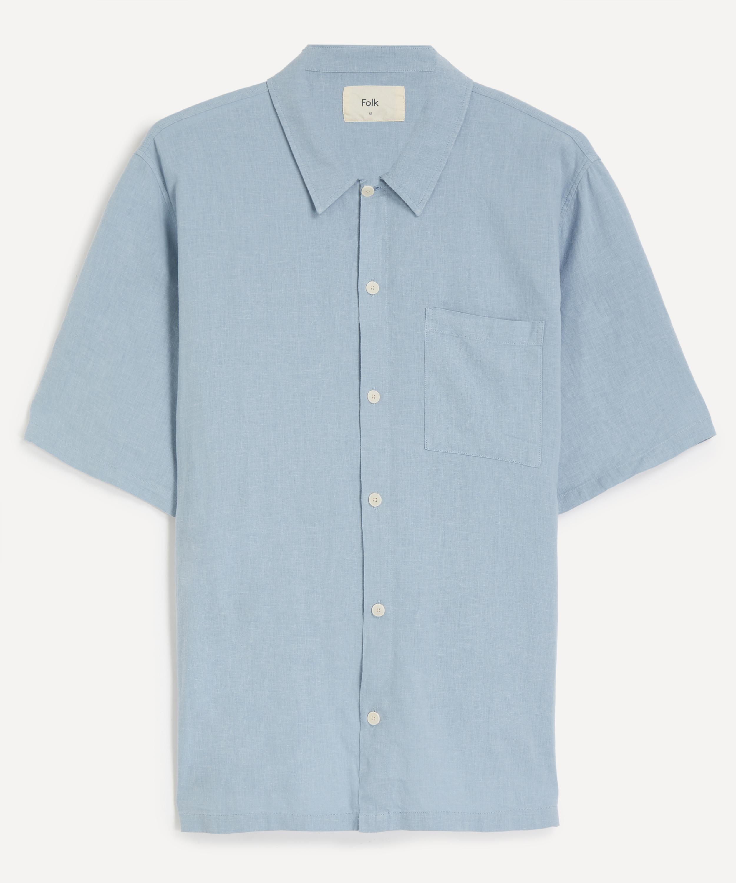 Folk Mens Gabe Linen-cotton Short Sleeve Shirt In Blue