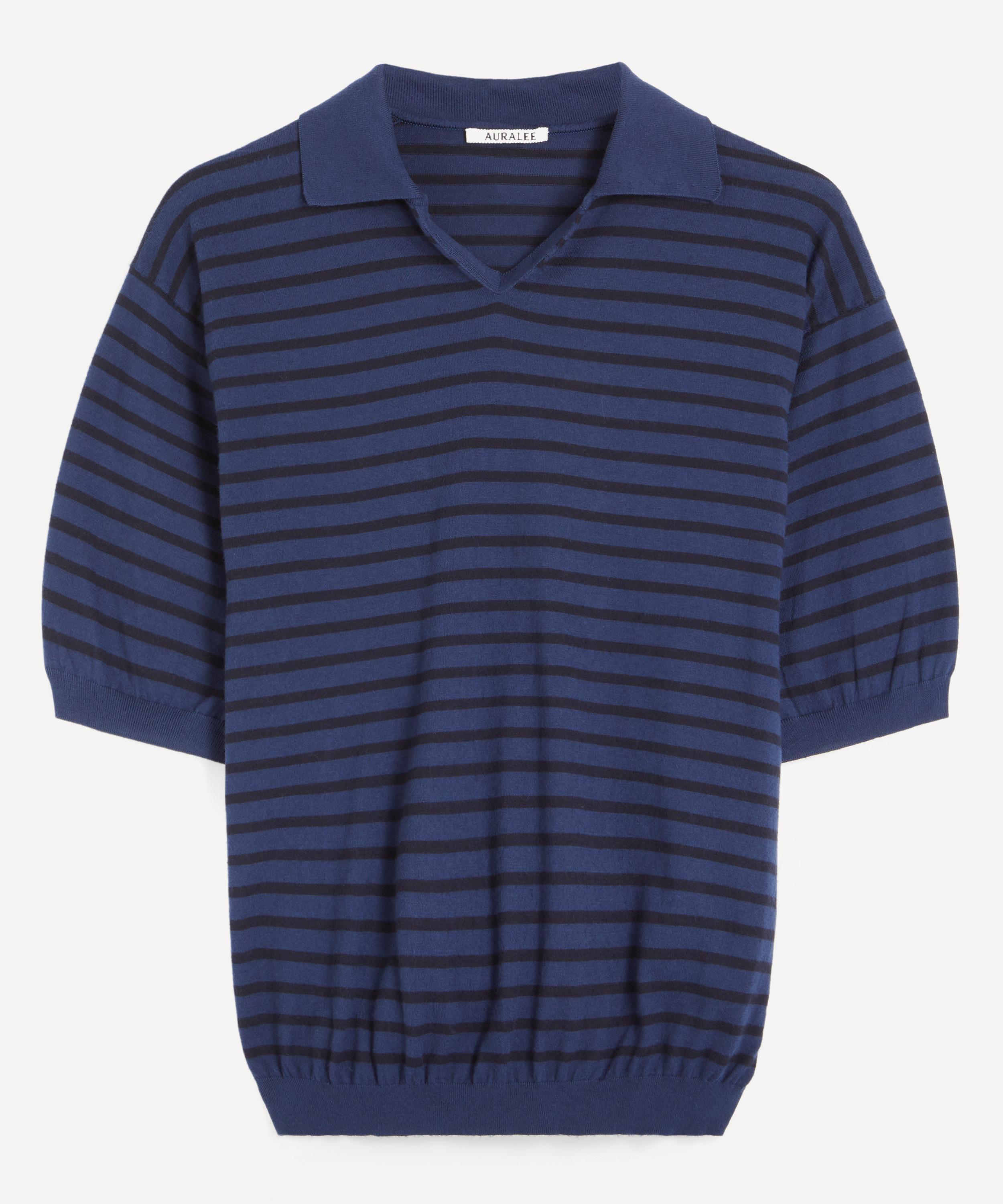 Auralee Mens High Gauge Cotton Knit Skipper Polo In Blue