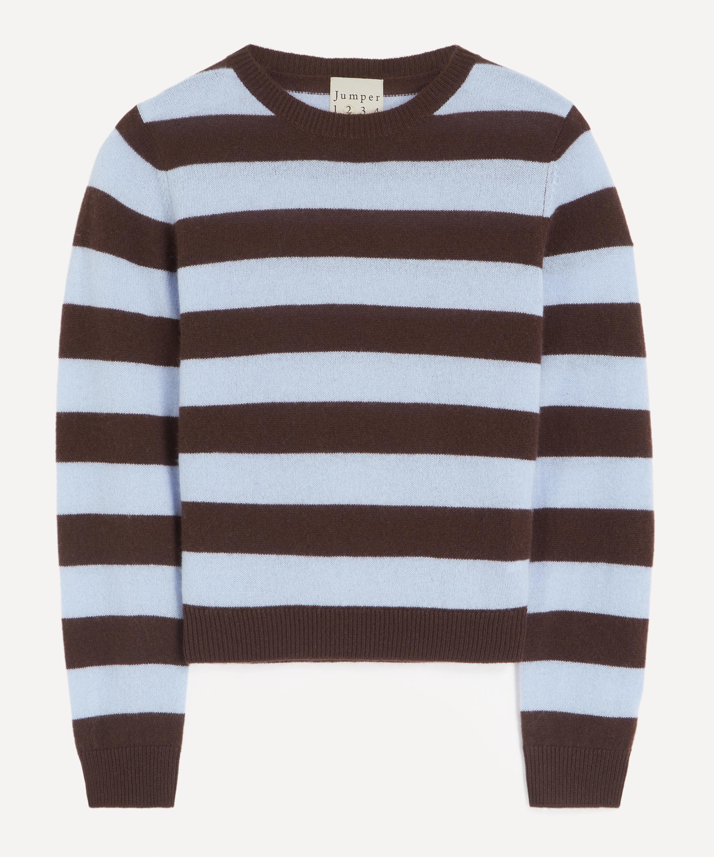 Jumper 1234 Women's Cashmere Stripe Crew Neck Jumper In Dark Brown And Light Blue