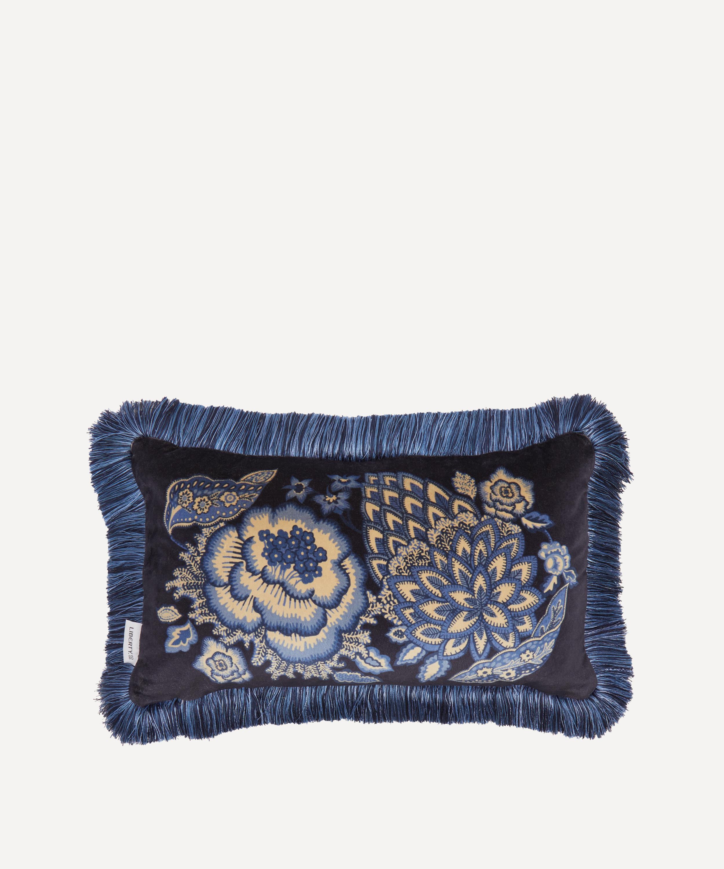 Liberty Patricia Velvet Fringed Cushion In Blue