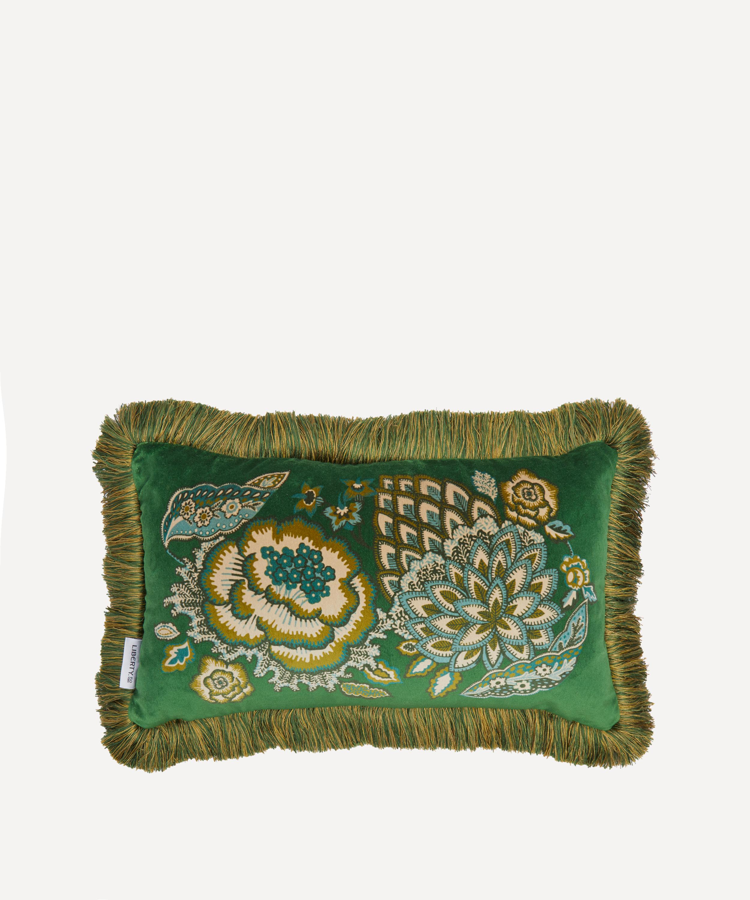 Liberty Patricia Velvet Fringed Cushion In Green