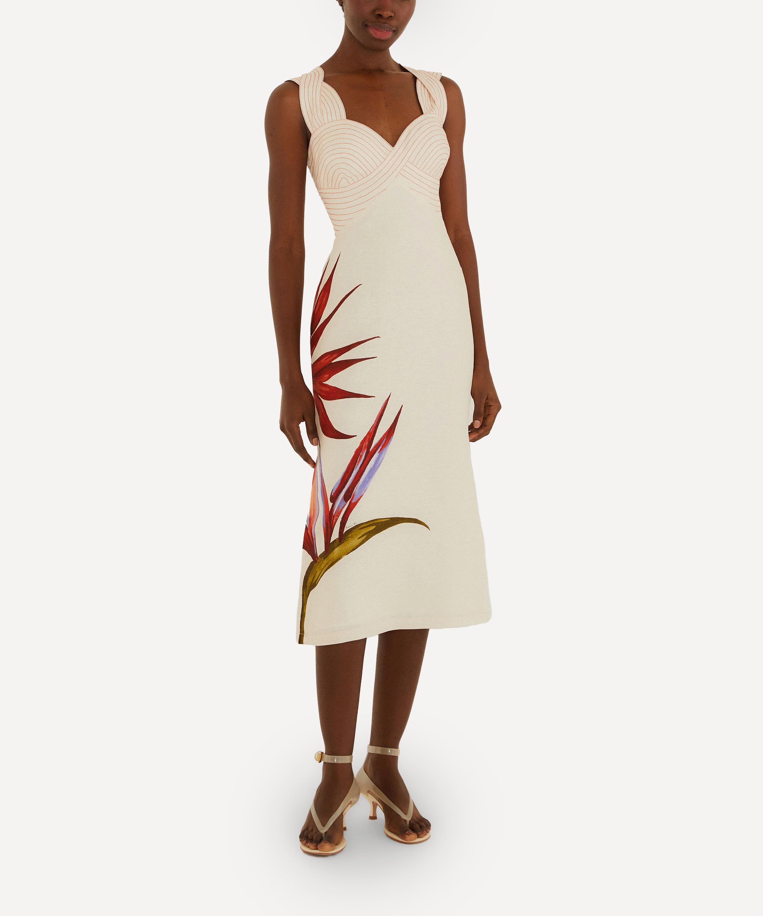 Farm Rio Sand-colored Linen Midi Dress With Strelitzia Pattern In Brown